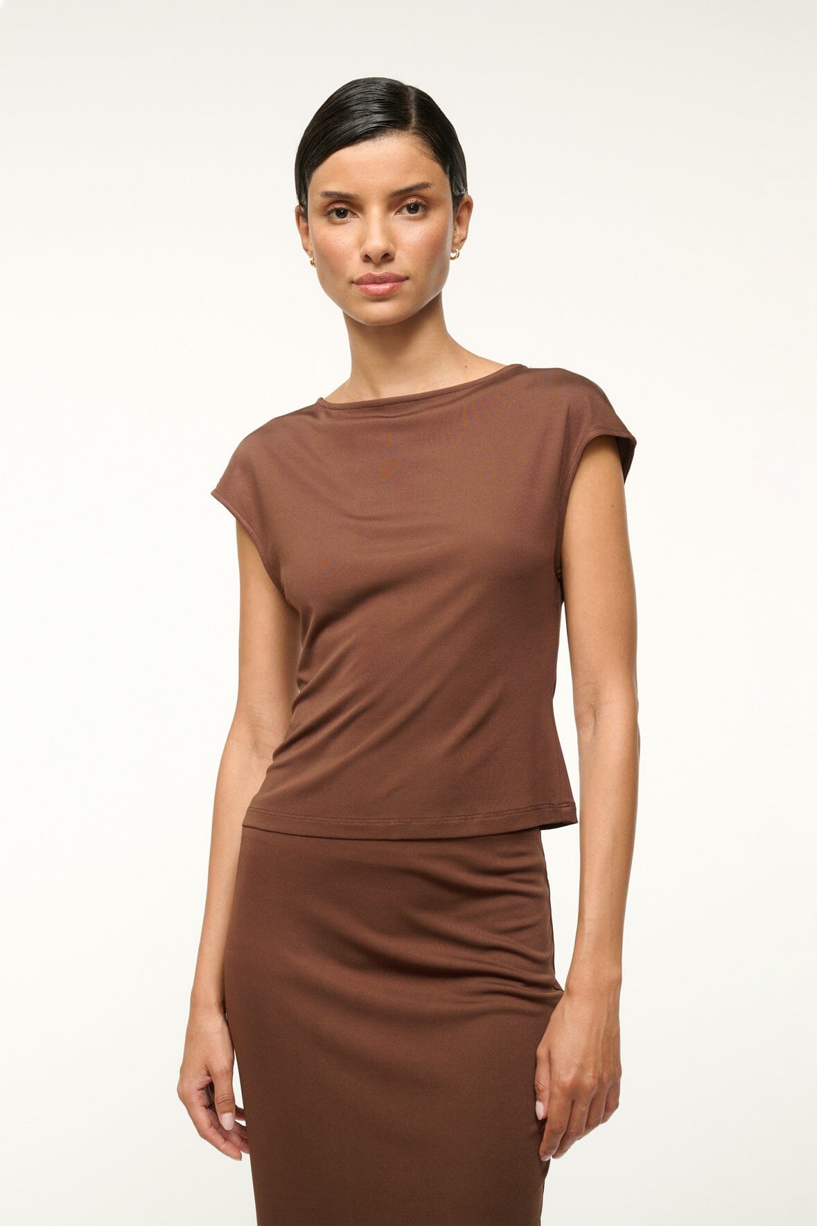 Fitted Cap Sleeve Boat Neck Top in Jersey Fabric | Sunisa