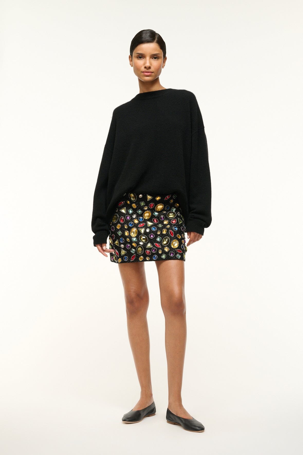 Low Waist Micro Skirt with Beaded Galaxy Motif | Supernova Black Celestial
