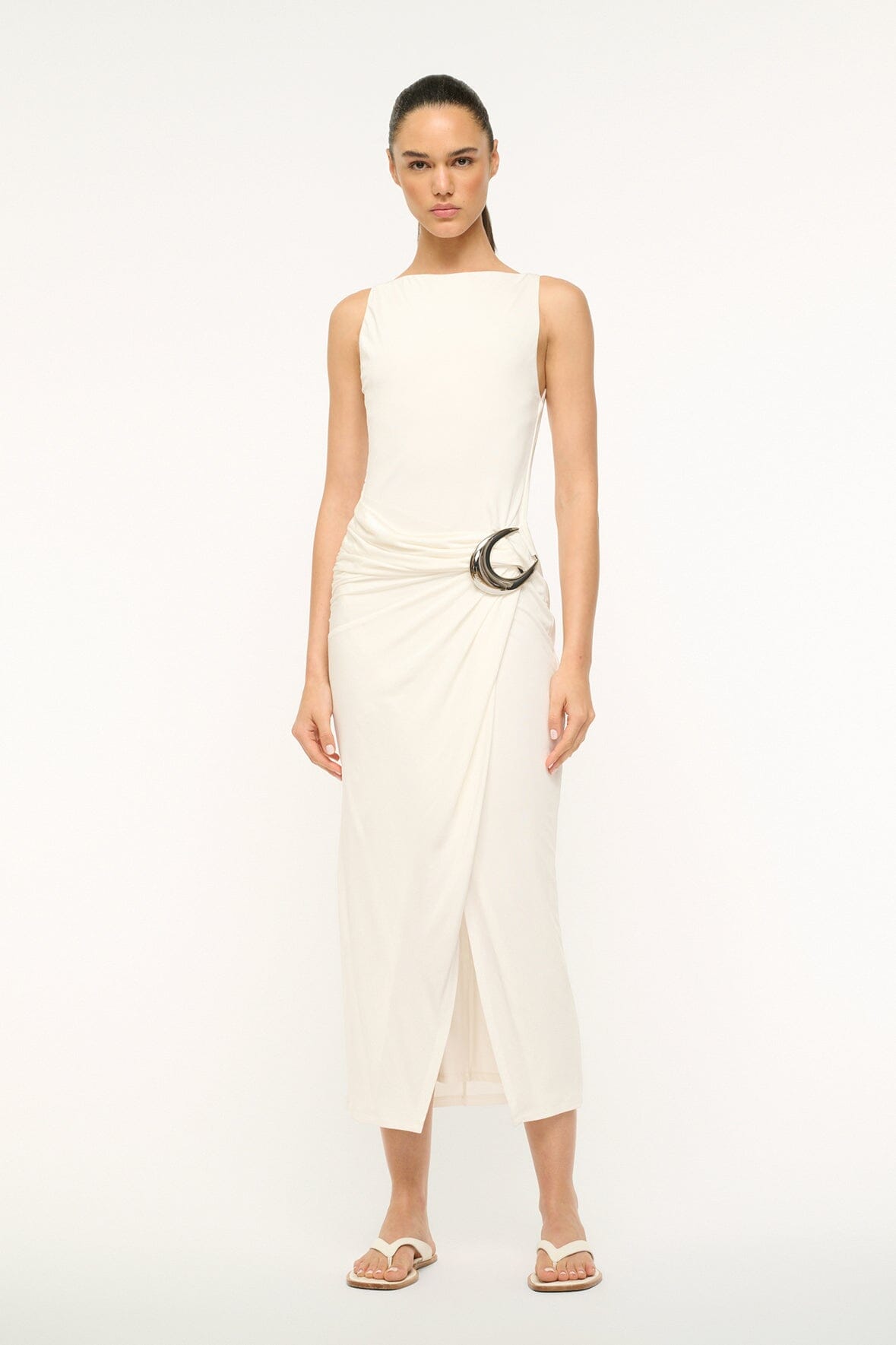 Wrap Skirt Jersey Dress with Moon Buckle Detail | Talia Ivory
