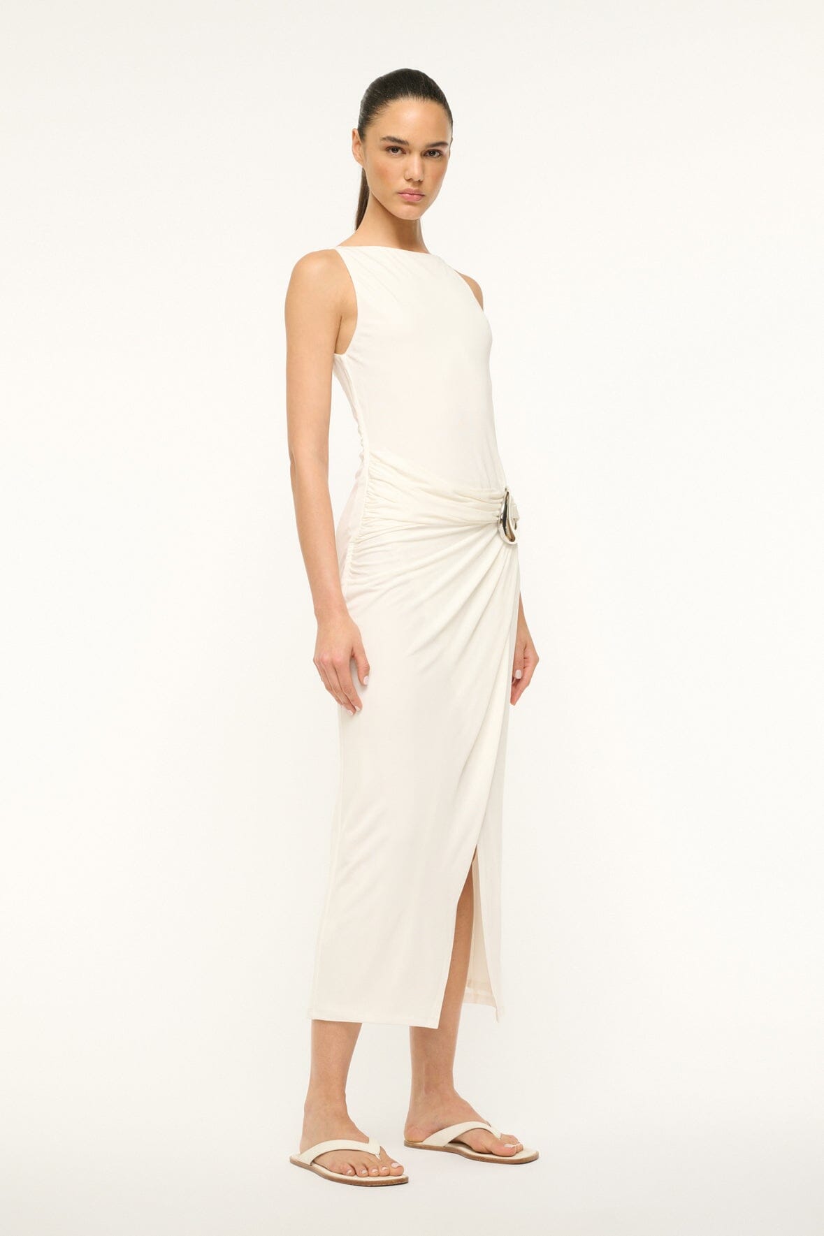 Wrap Skirt Jersey Dress with Moon Buckle Detail | Talia Ivory