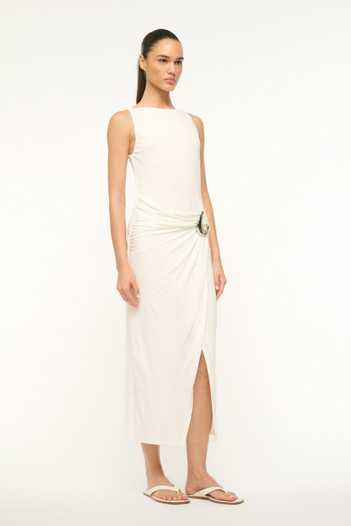 Wrap Skirt Jersey Dress with Moon Buckle Detail | Talia Ivory