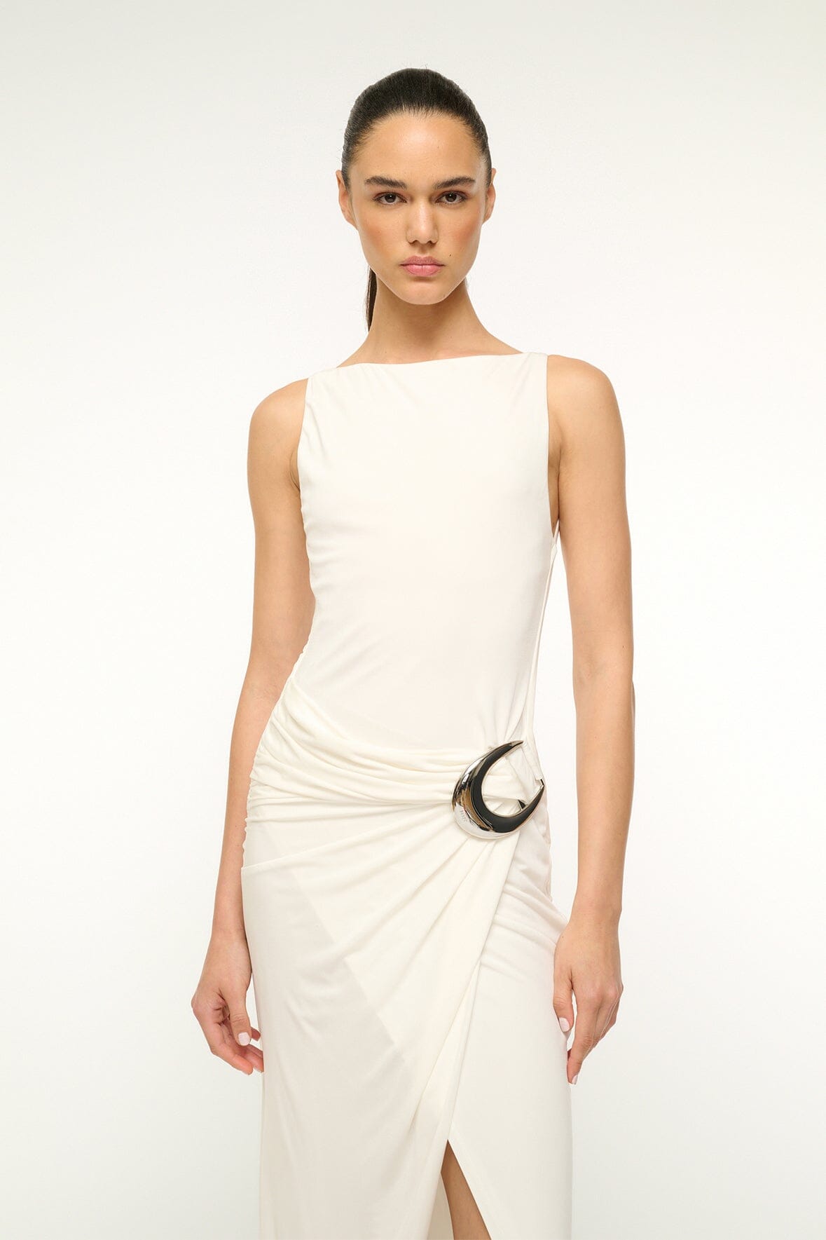 Wrap Skirt Jersey Dress with Moon Buckle Detail | Talia Ivory