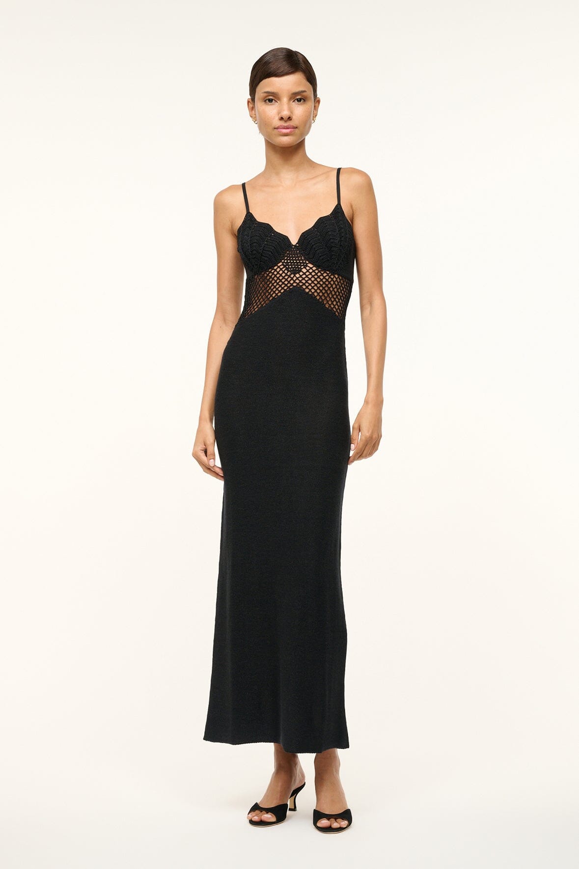 Black Crochet Maxi Dress with Sheer Panels | Tara Dress