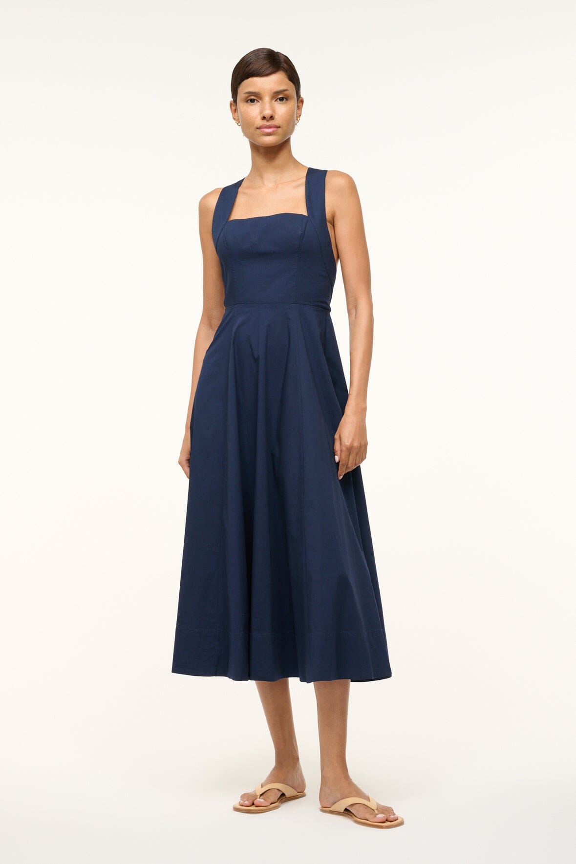 Empire Waist Midi Dress with Low Back & Adjustable Straps | Teresa Navy