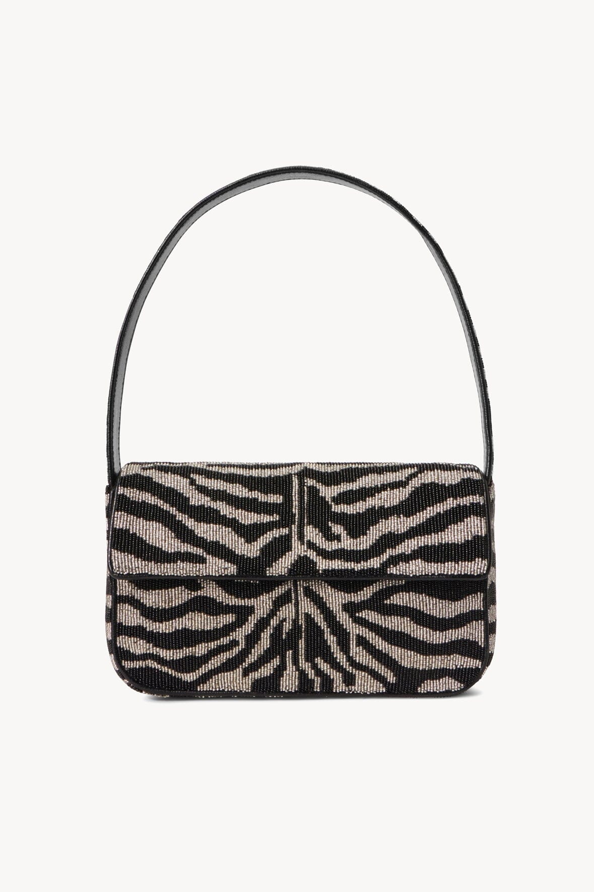 Hand-Beaded Shoulder Bag with Vegan Leather Piping | Tommy Black & White