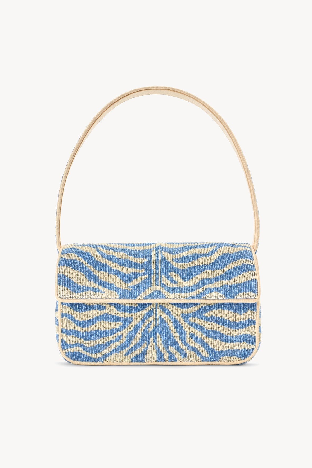 Hand-Beaded Shoulder Bag with Vegan Leather Piping | Tommy Light Blue Cream