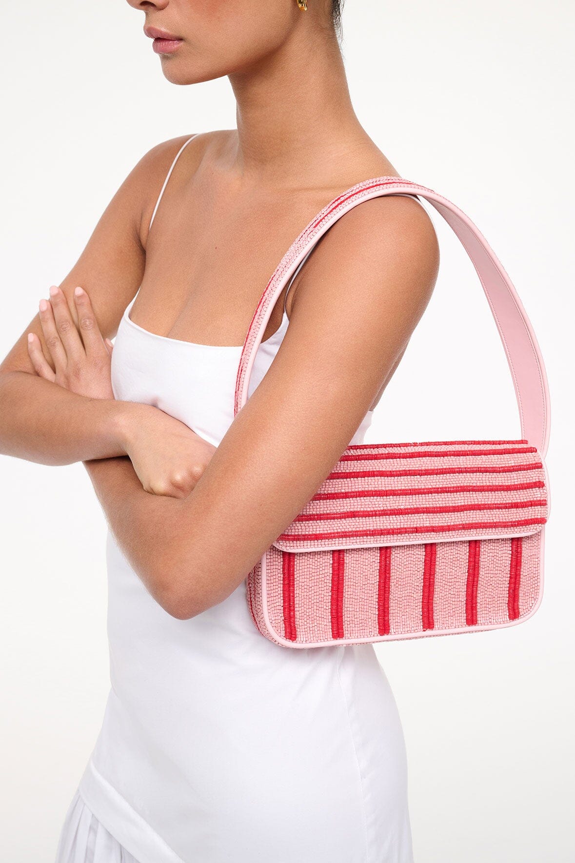 Hand-Beaded Shoulder Bag with Vegan Leather Piping | Tommy Montauk Stripe