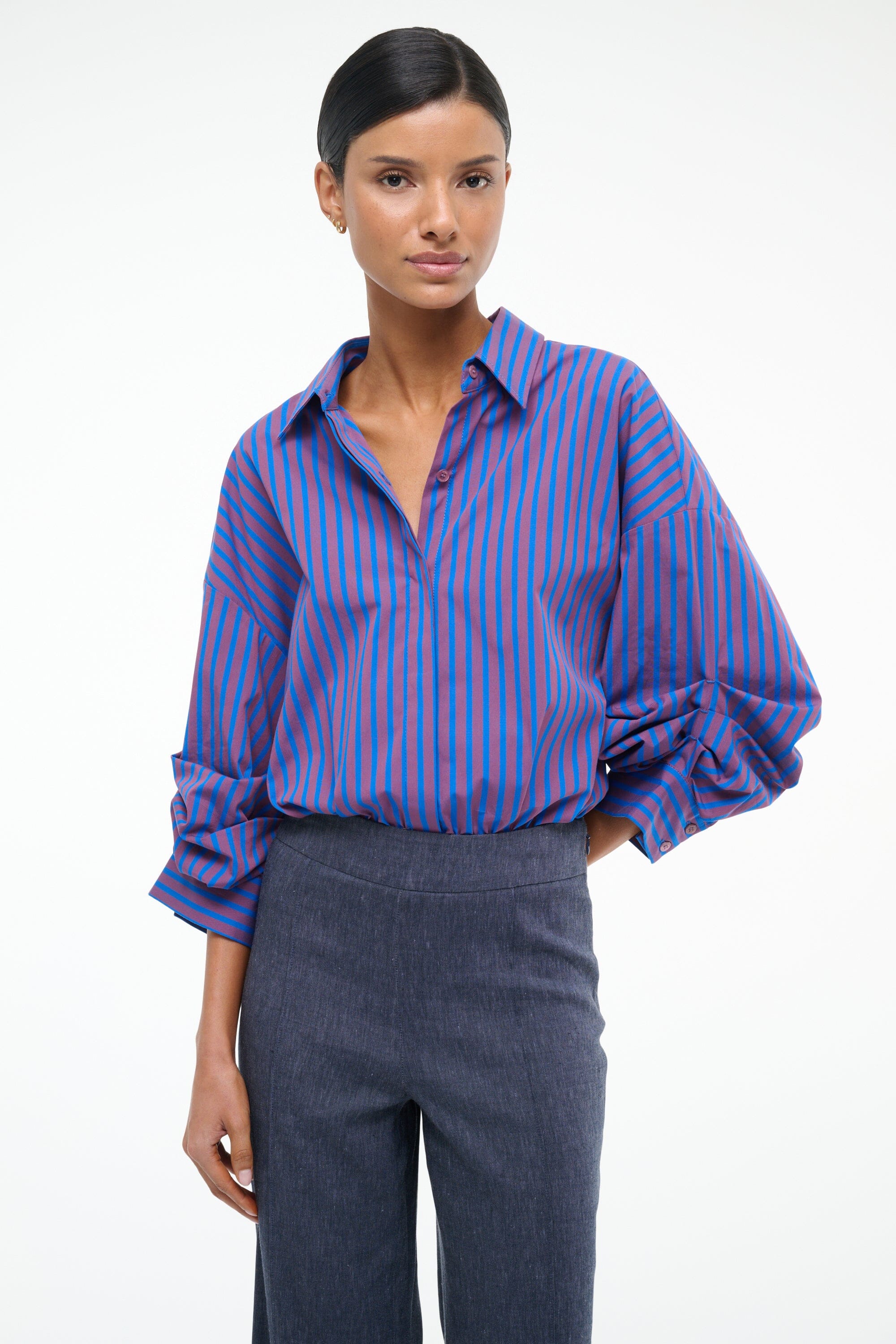 Oversized Cotton Poplin Shirt Bodysuit with Rolled Cuffs | Traverse