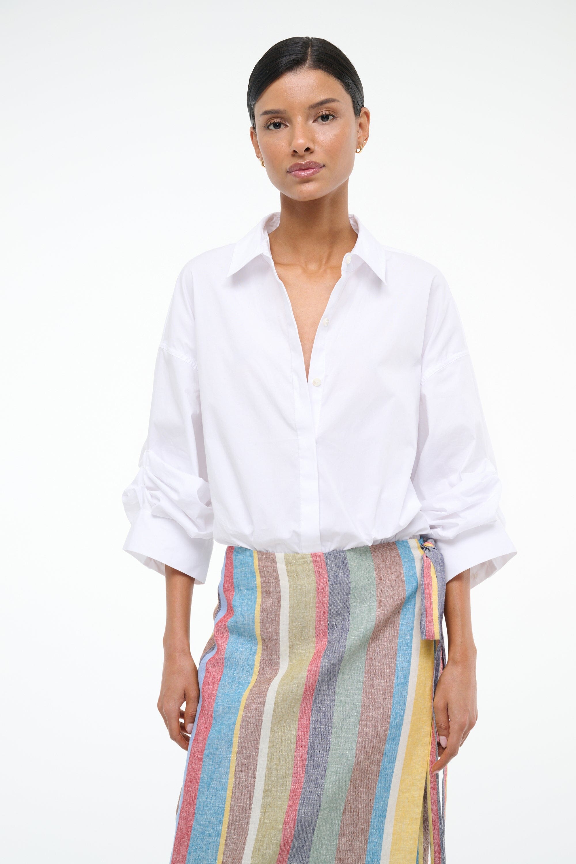 White Cotton Poplin Shirt Bodysuit with Rolled Cuffs | Traverse