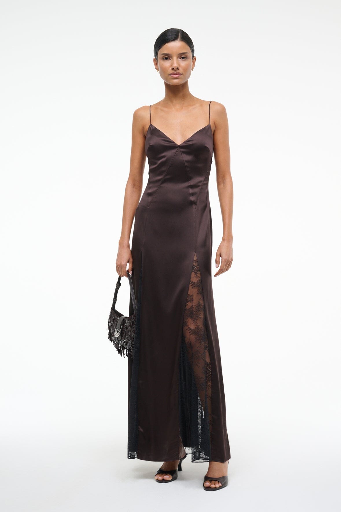 Silk Maxi Slip Dress with Lace Inserts & V-Neck | Trinity