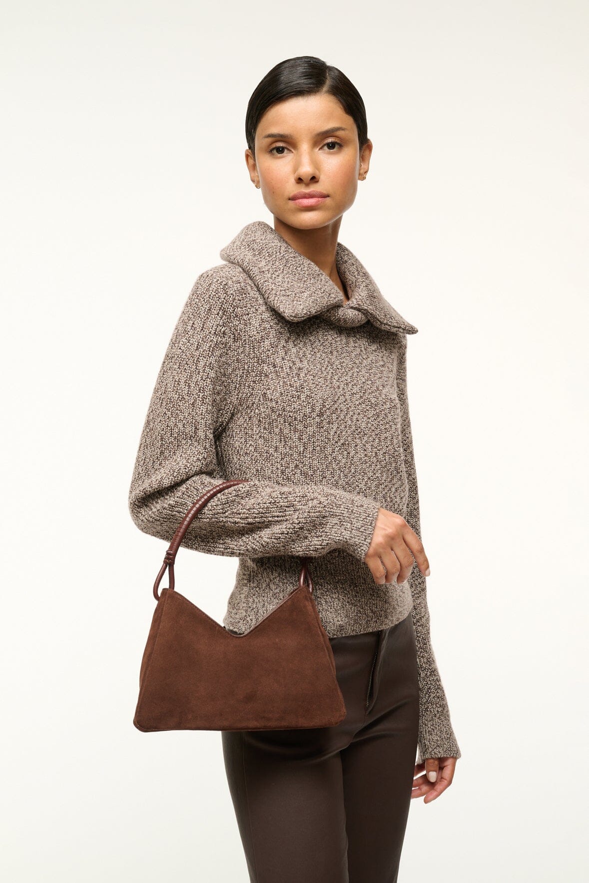 Minimal Shoulder Bag with Removable Crossbody Strap | Valerie Mahogany Suede
