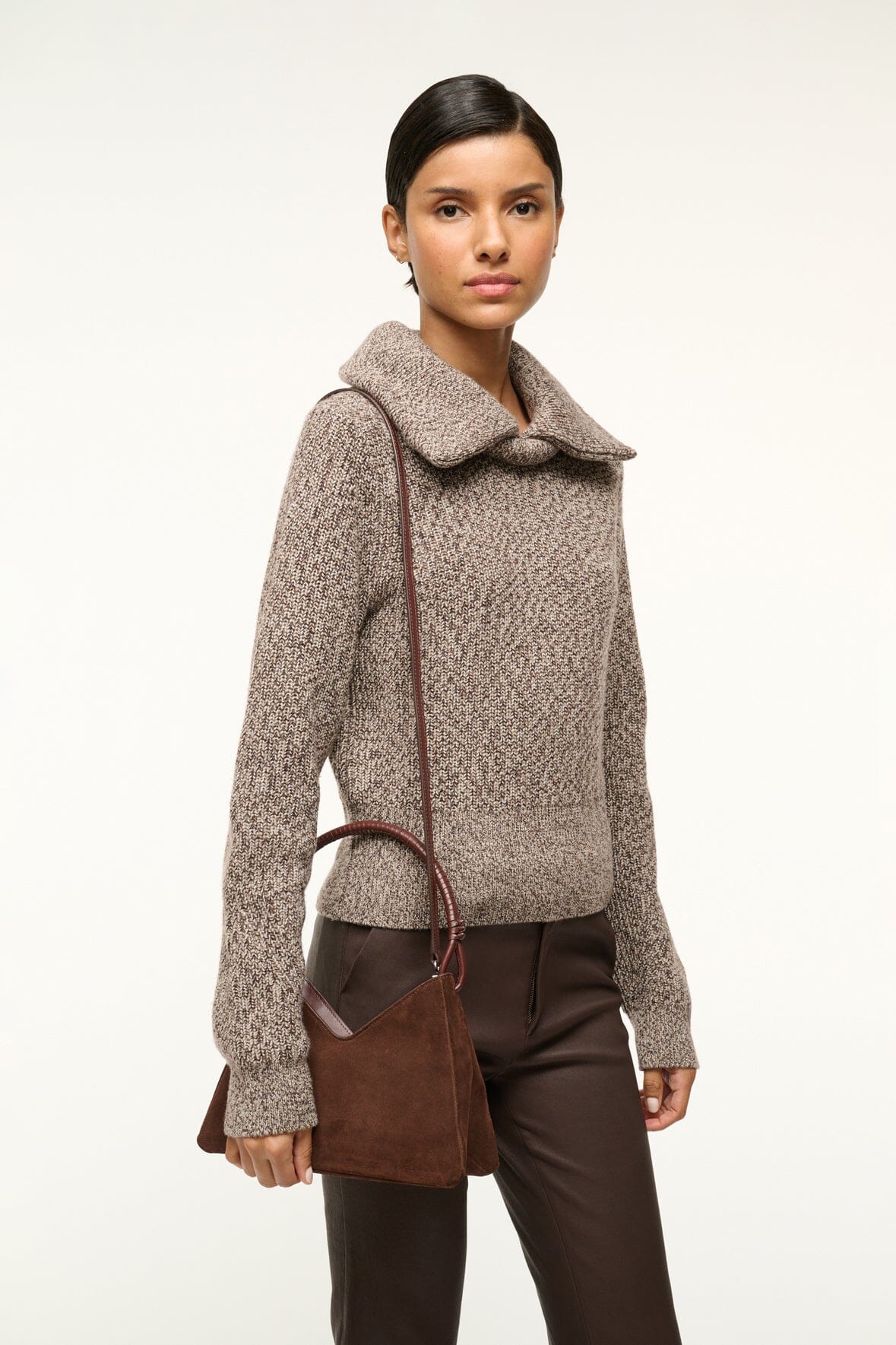 Minimal Shoulder Bag with Removable Crossbody Strap | Valerie Mahogany Suede