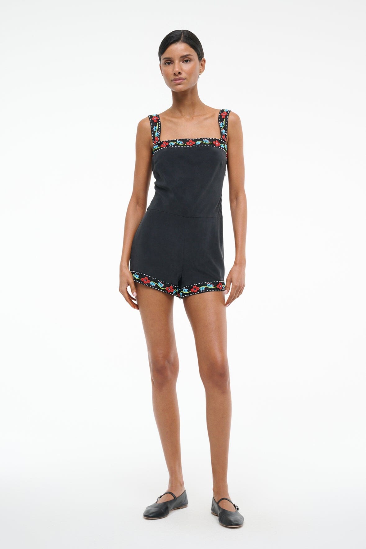 Silk Romper with Beaded Lace Trim | Veronica Black
