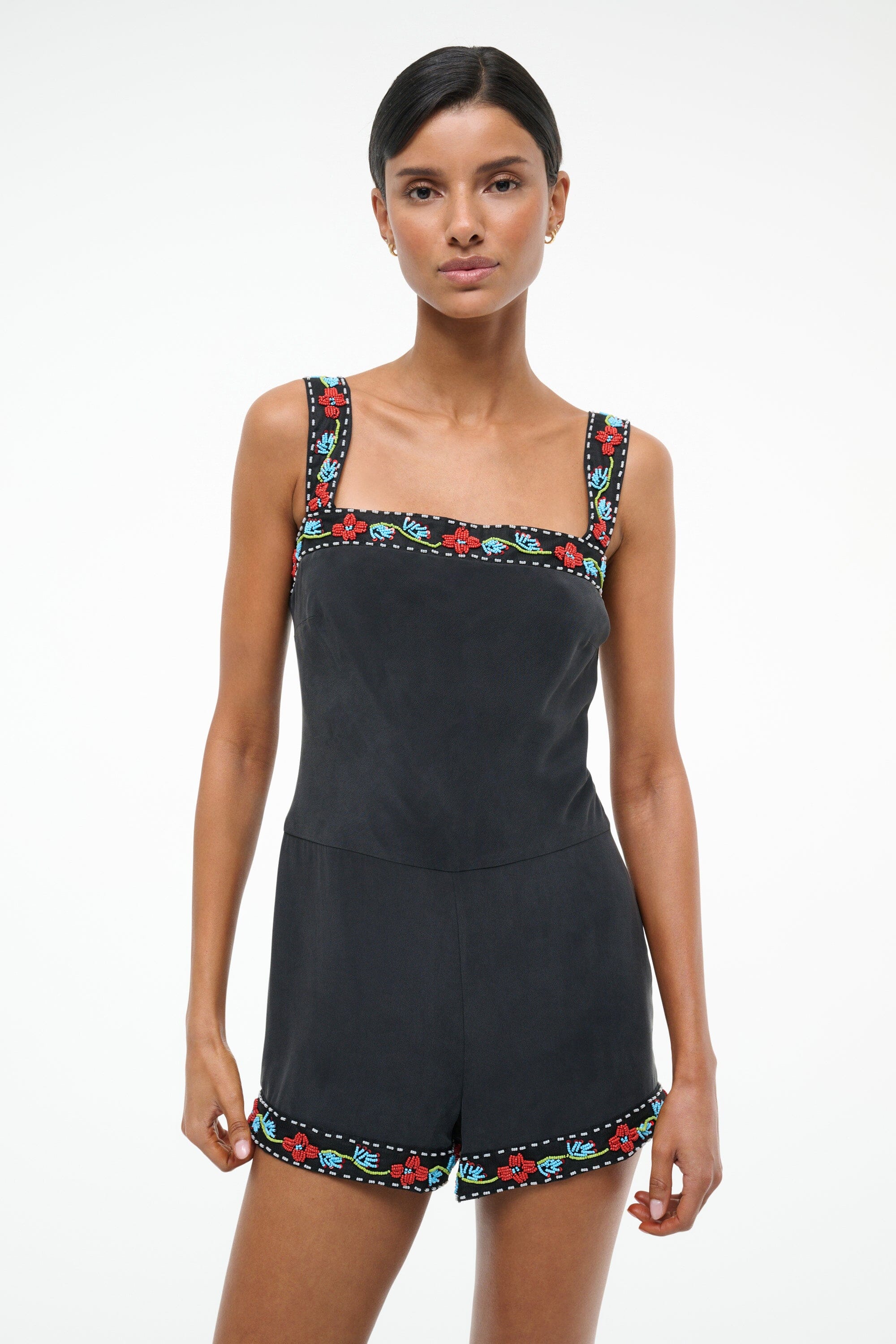 Silk Romper with Beaded Lace Trim | Veronica Black