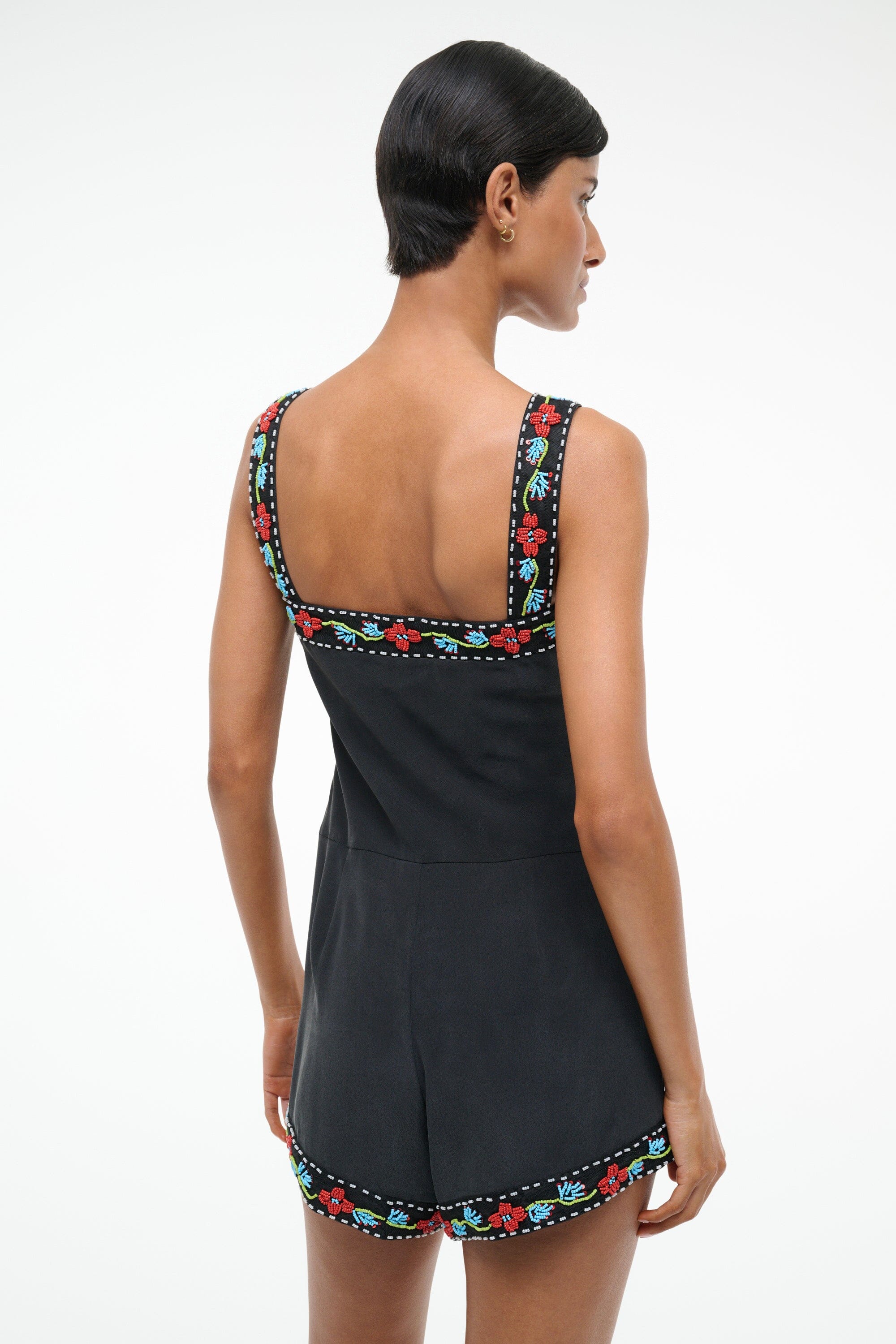 Silk Romper with Beaded Lace Trim | Veronica Black