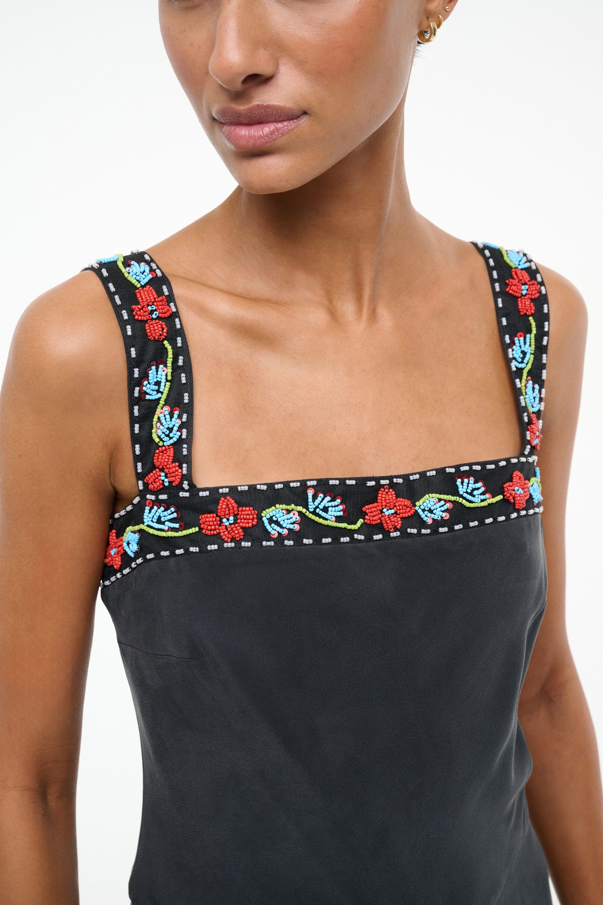 Silk Romper with Beaded Lace Trim | Veronica Black