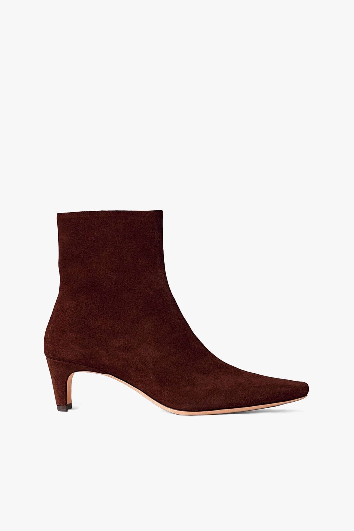 Mahogany Suede Ankle Boot with Side Zip & Blade Heel | Wally