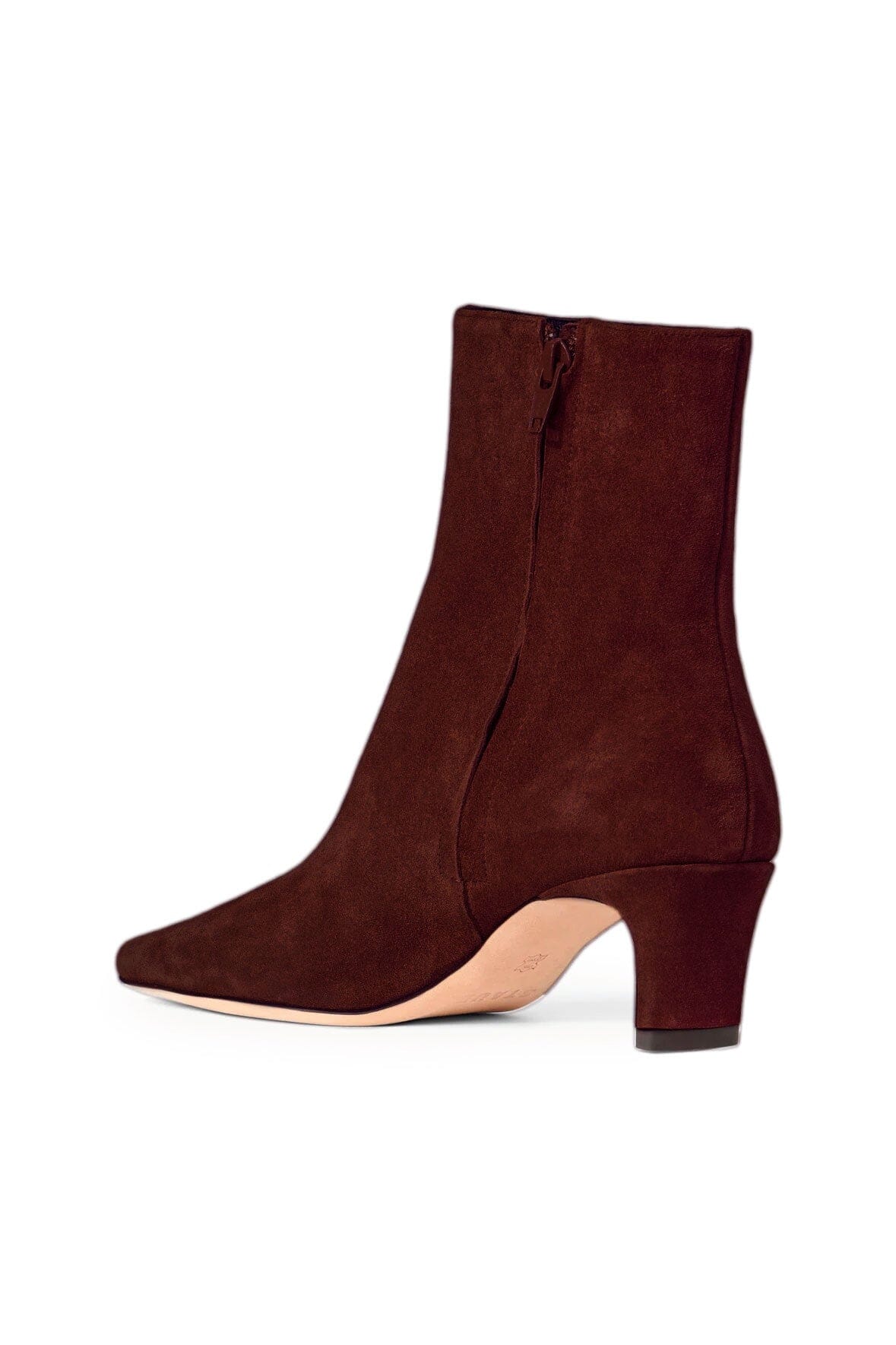 Mahogany Suede Ankle Boot with Side Zip & Blade Heel | Wally