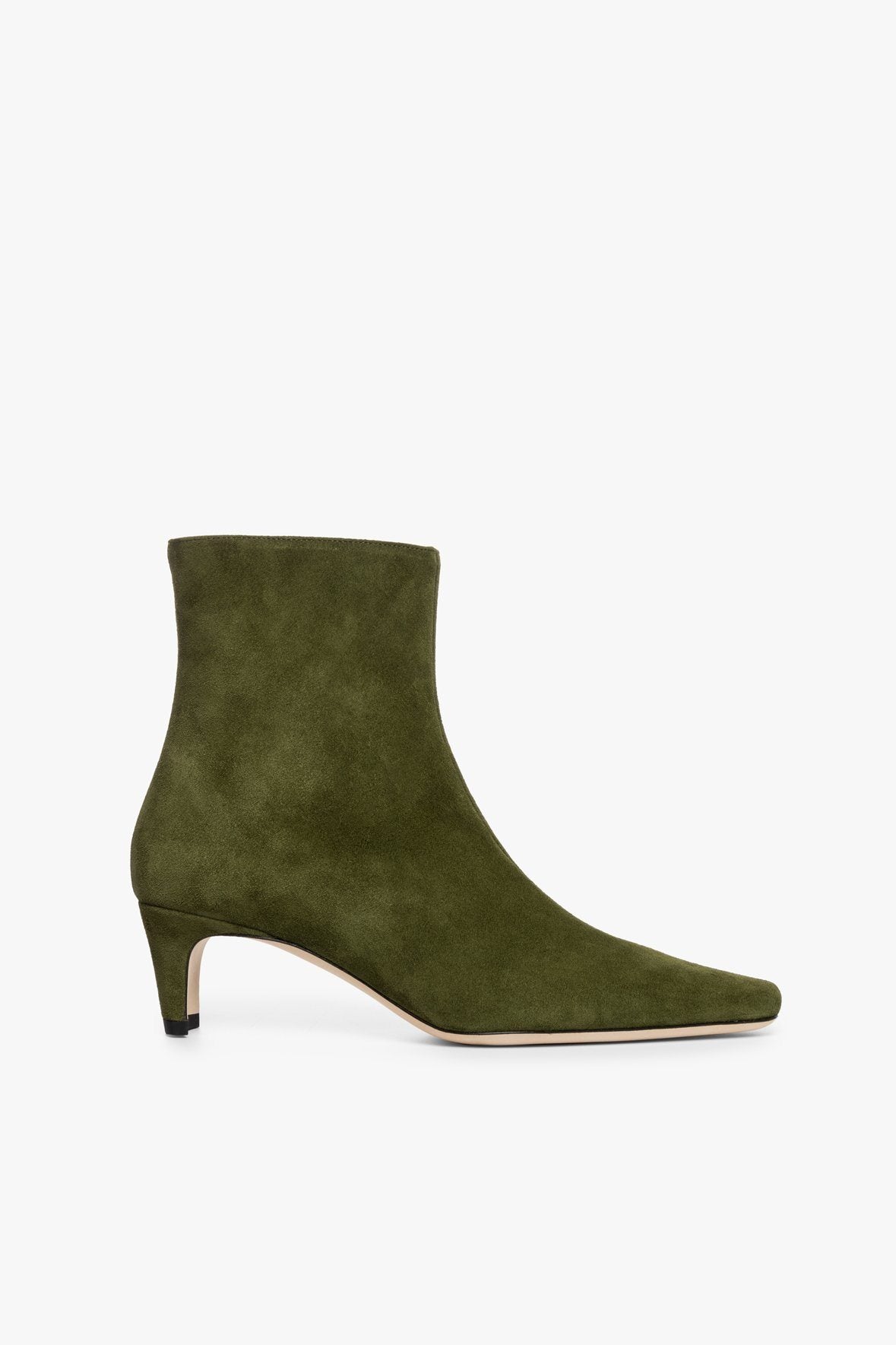 Olive Suede Ankle Boot with Side Zip & Blade Heel | Wally