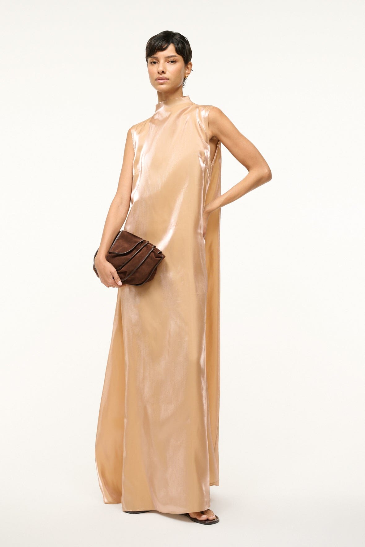 Iridescent Organza Araya Dress with Funnel Neckline | Rose Gold