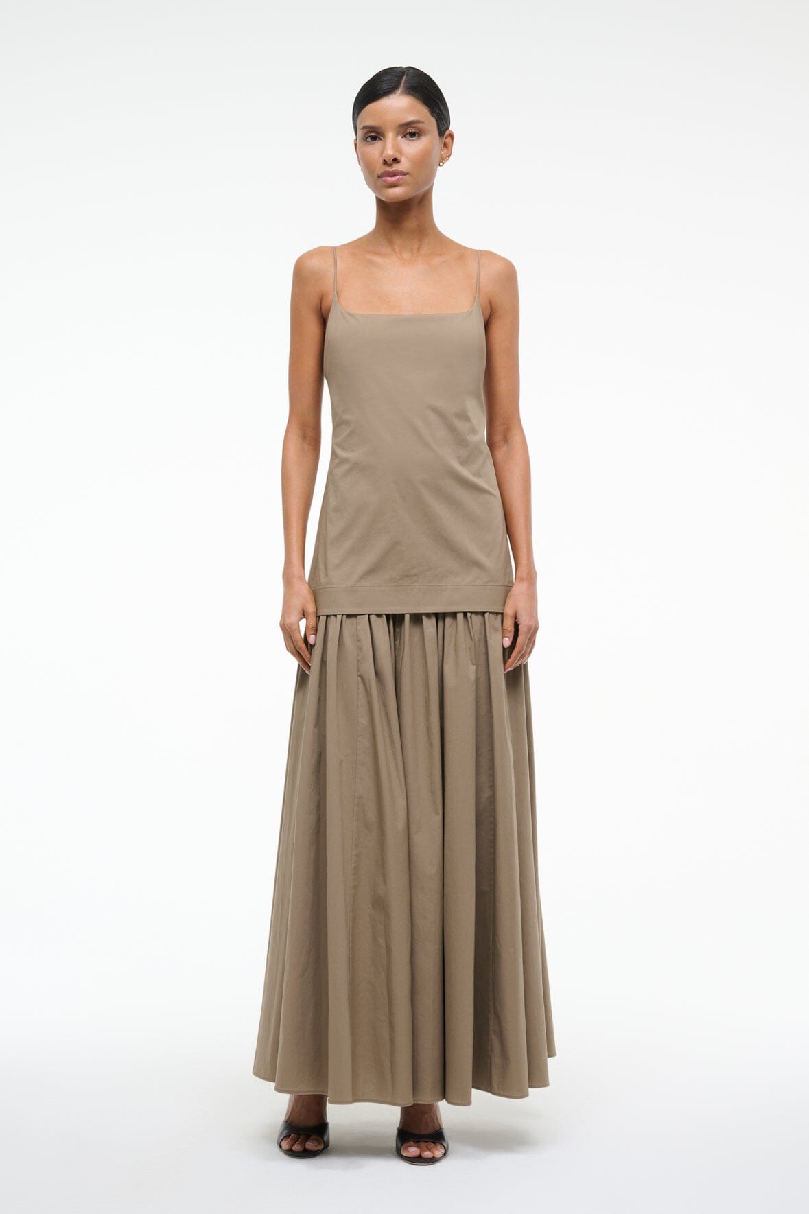 Drop Waist Spaghetti Strap Dress with Gathered Skirt | Ari Dress Taupe