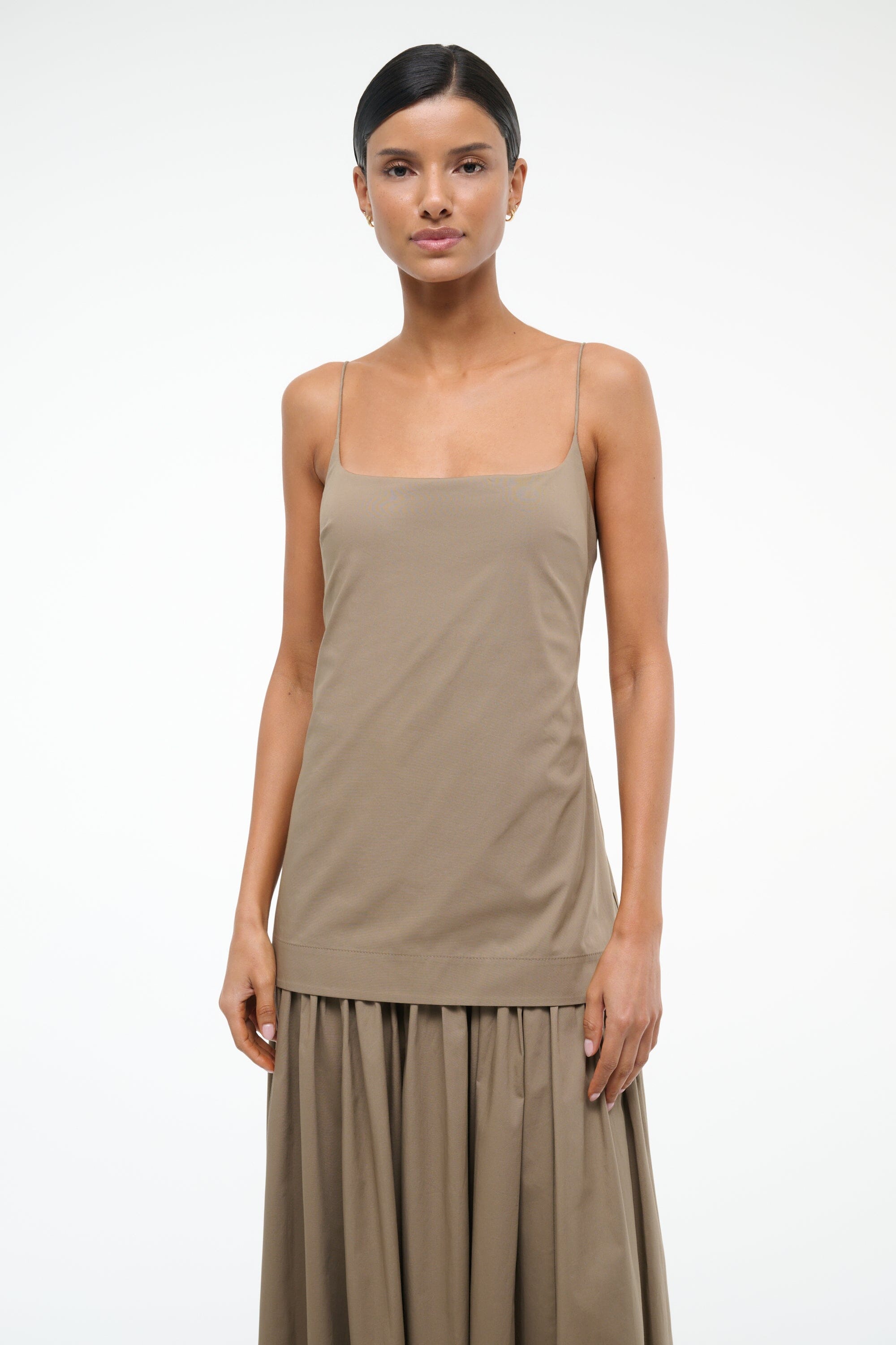 Drop Waist Spaghetti Strap Dress with Gathered Skirt | Ari Dress Taupe