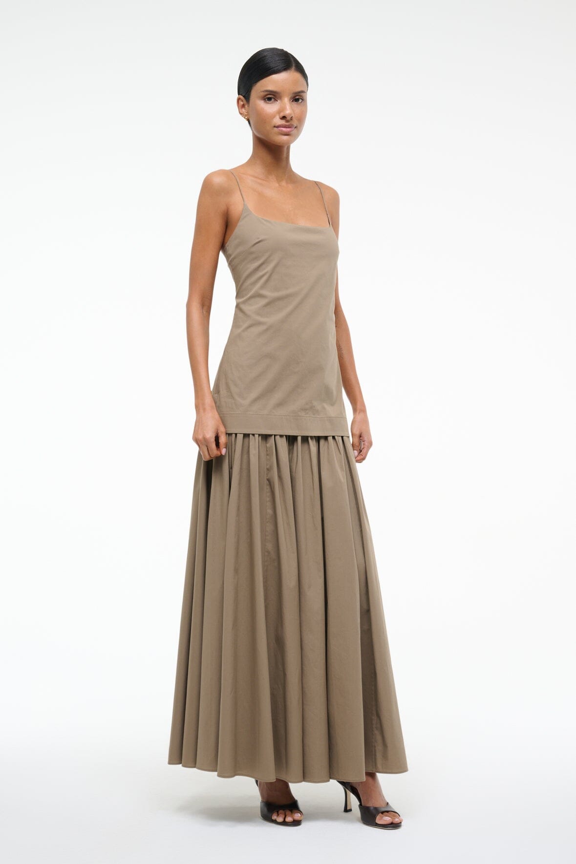 Drop Waist Spaghetti Strap Dress with Gathered Skirt | Ari Dress Taupe