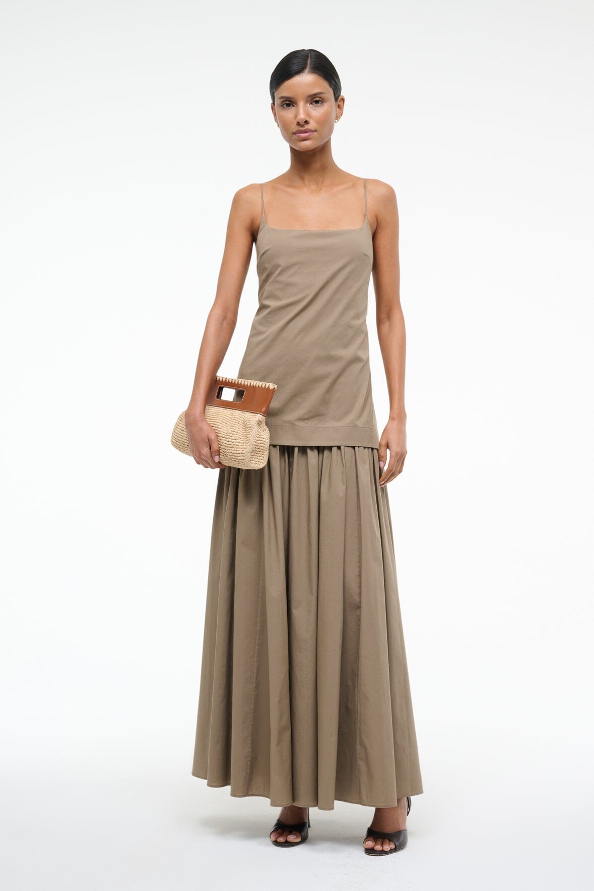 Drop Waist Spaghetti Strap Dress with Gathered Skirt | Ari Dress Taupe