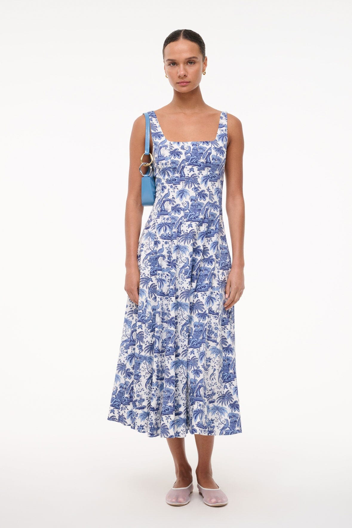 Blue Toile Corset Dress with Full Skirt | Wells Dress