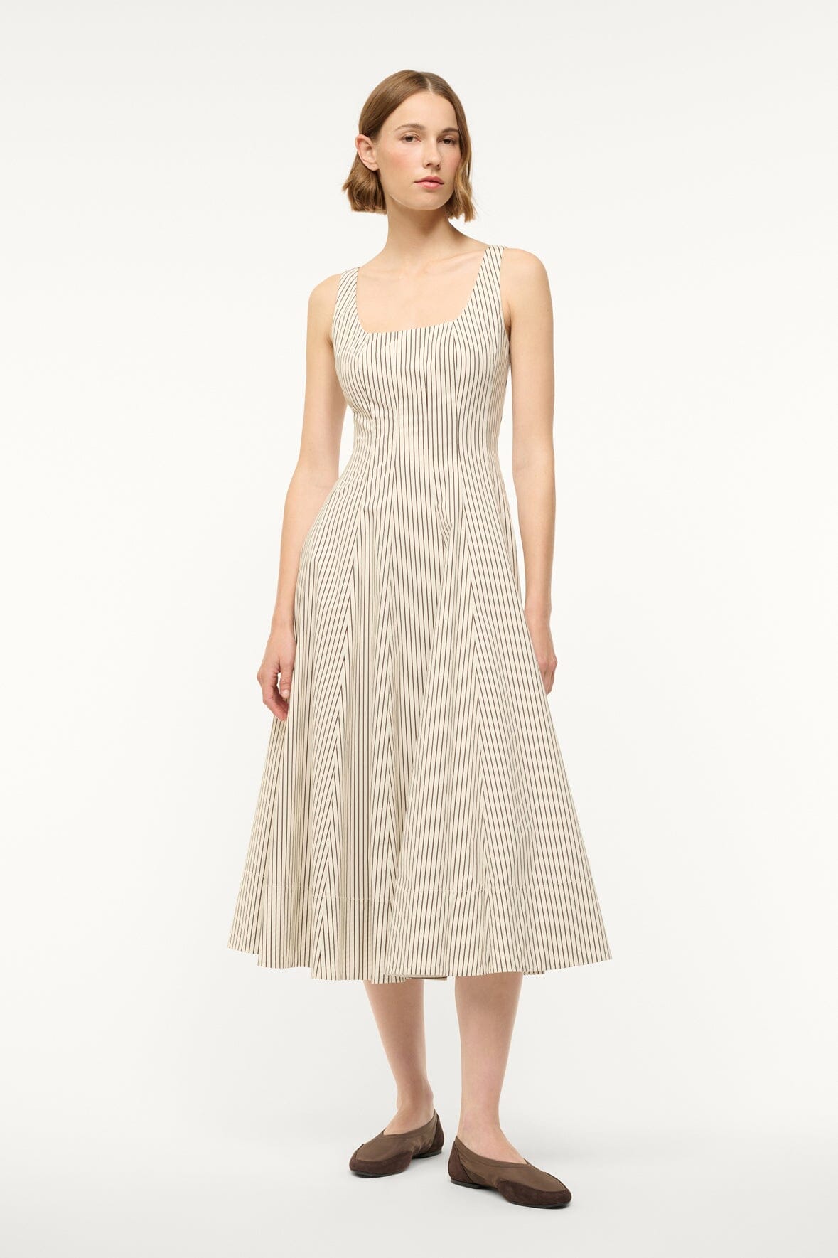 Ivory Square Neck Corset Dress with Back Zipper | Wells Dark Oak Stripe