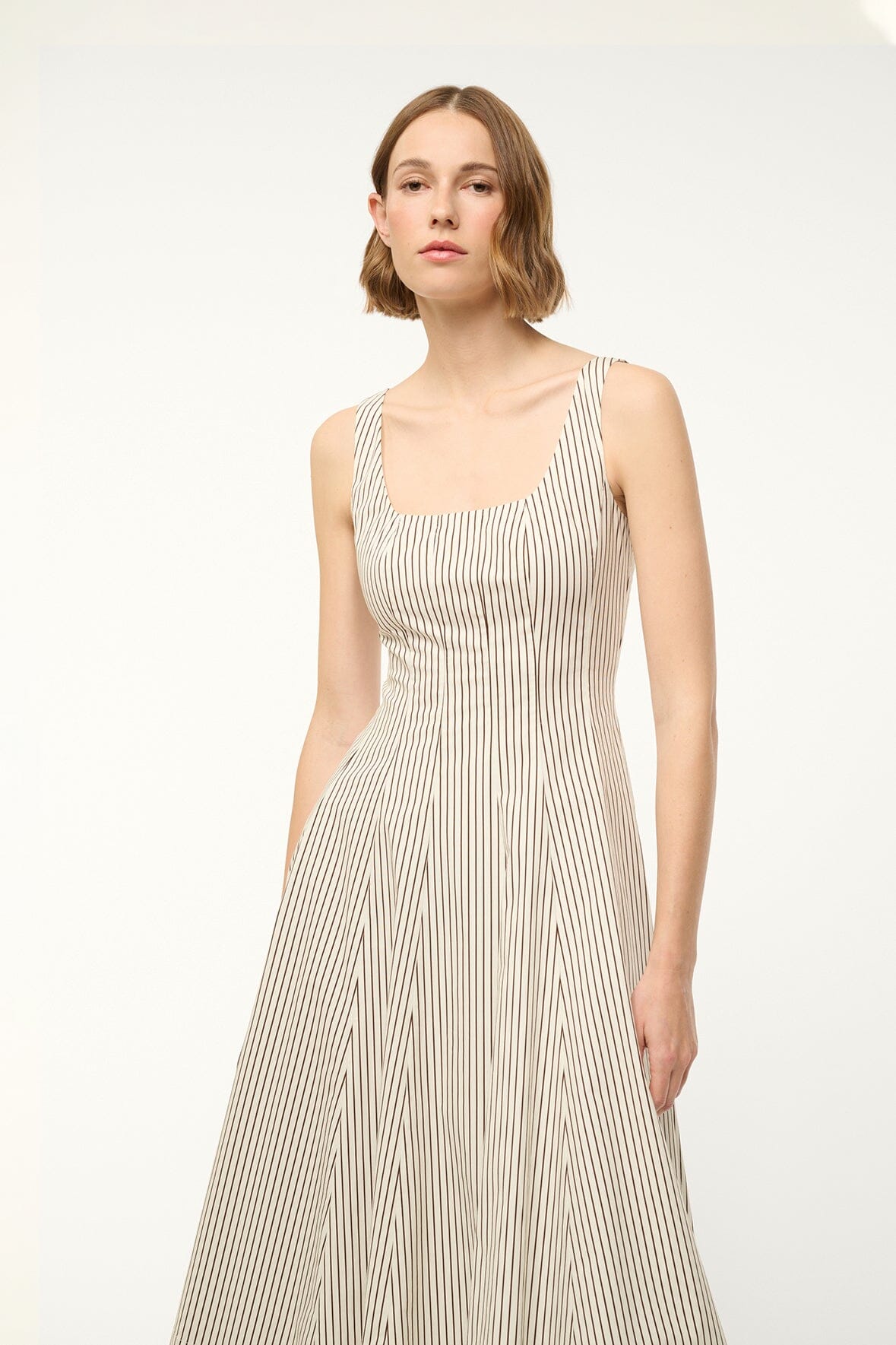 Ivory Square Neck Corset Dress with Back Zipper | Wells Dark Oak Stripe