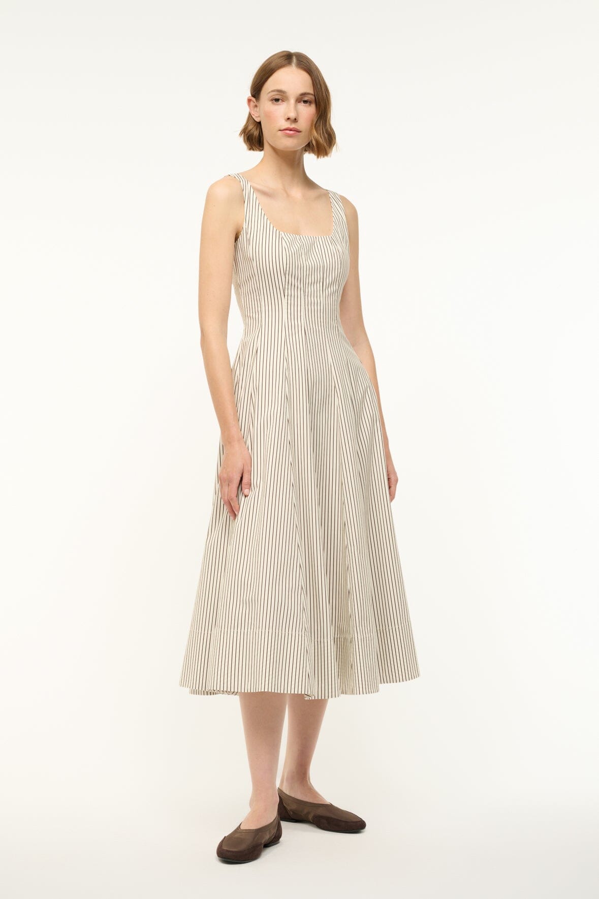 Ivory Square Neck Corset Dress with Back Zipper | Wells Dark Oak Stripe