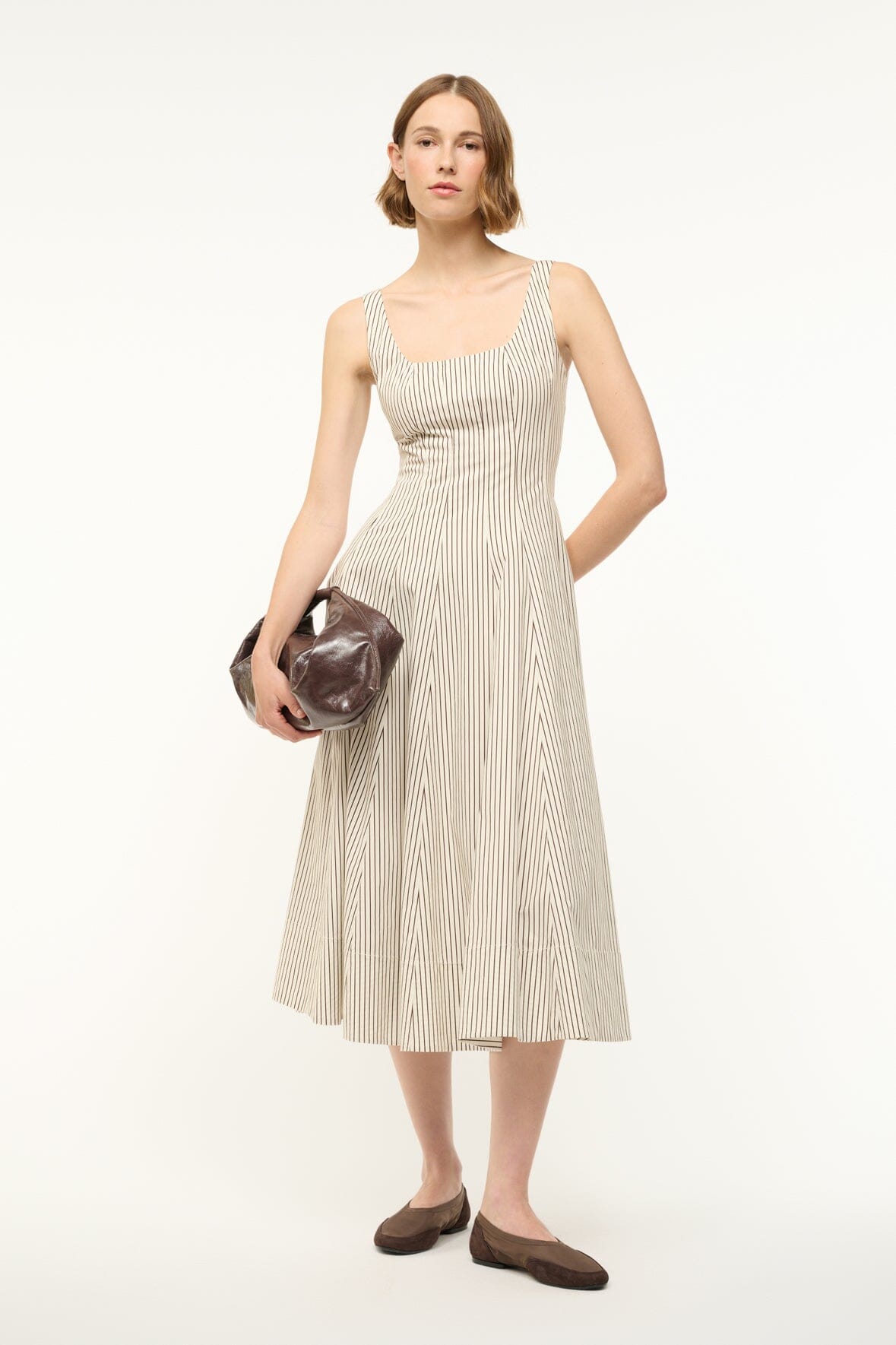 Ivory Square Neck Corset Dress with Back Zipper | Wells Dark Oak Stripe