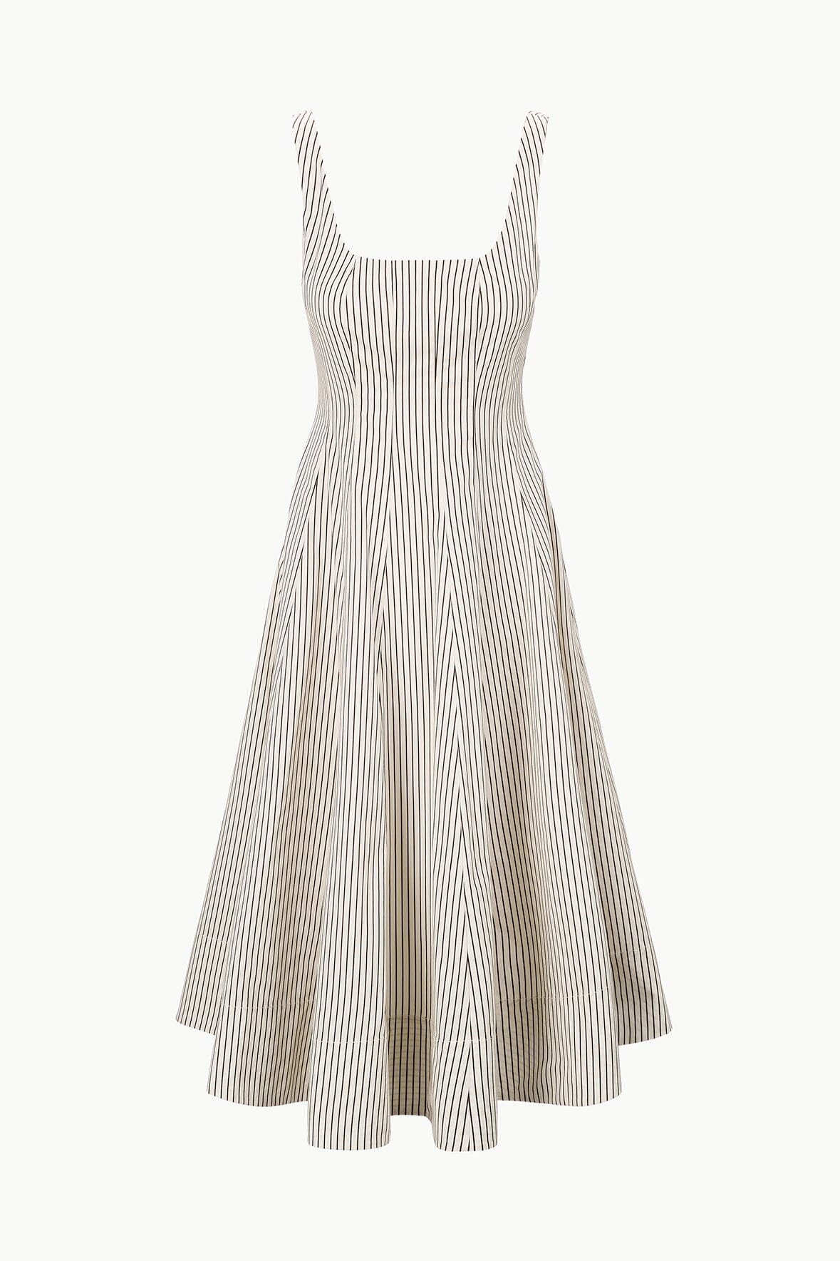 Ivory Square Neck Corset Dress with Back Zipper | Wells Dark Oak Stripe