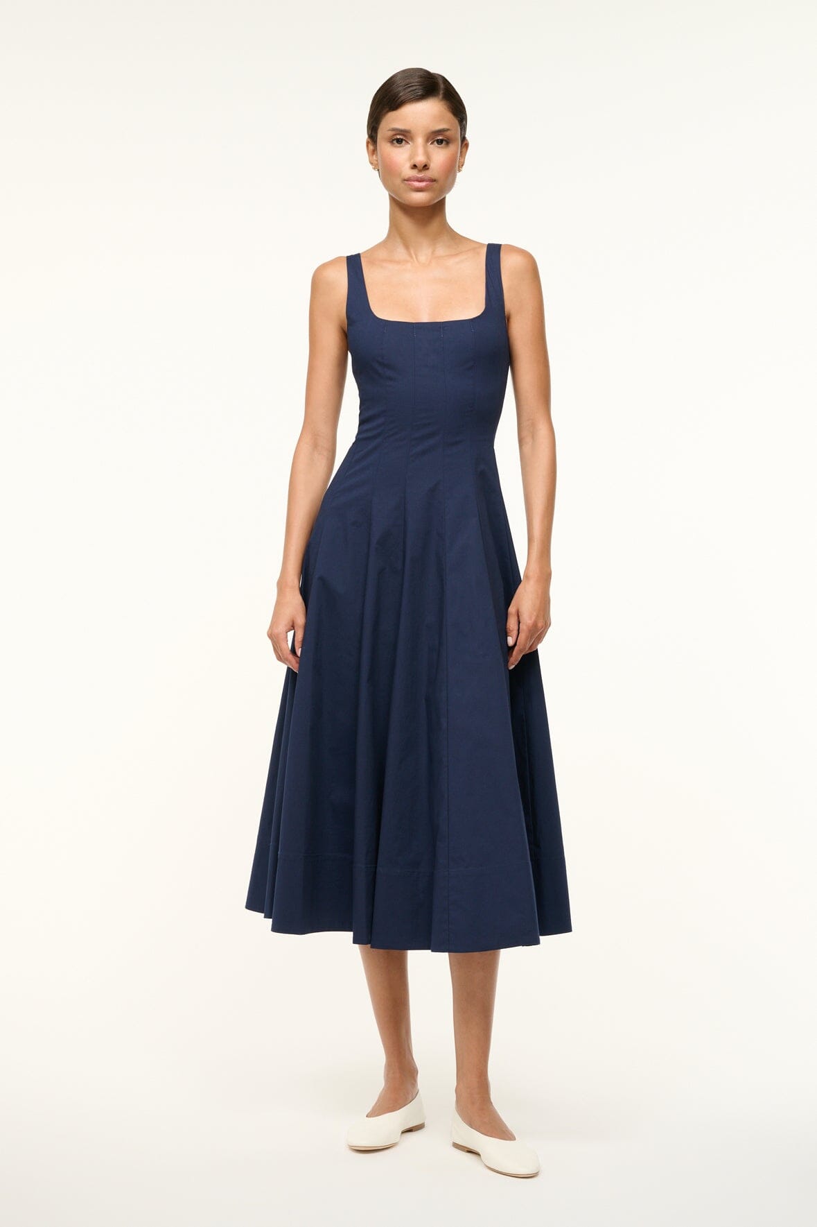 Flattering Corset-Style Midi Dress in Lightweight Cotton | Wells Navy