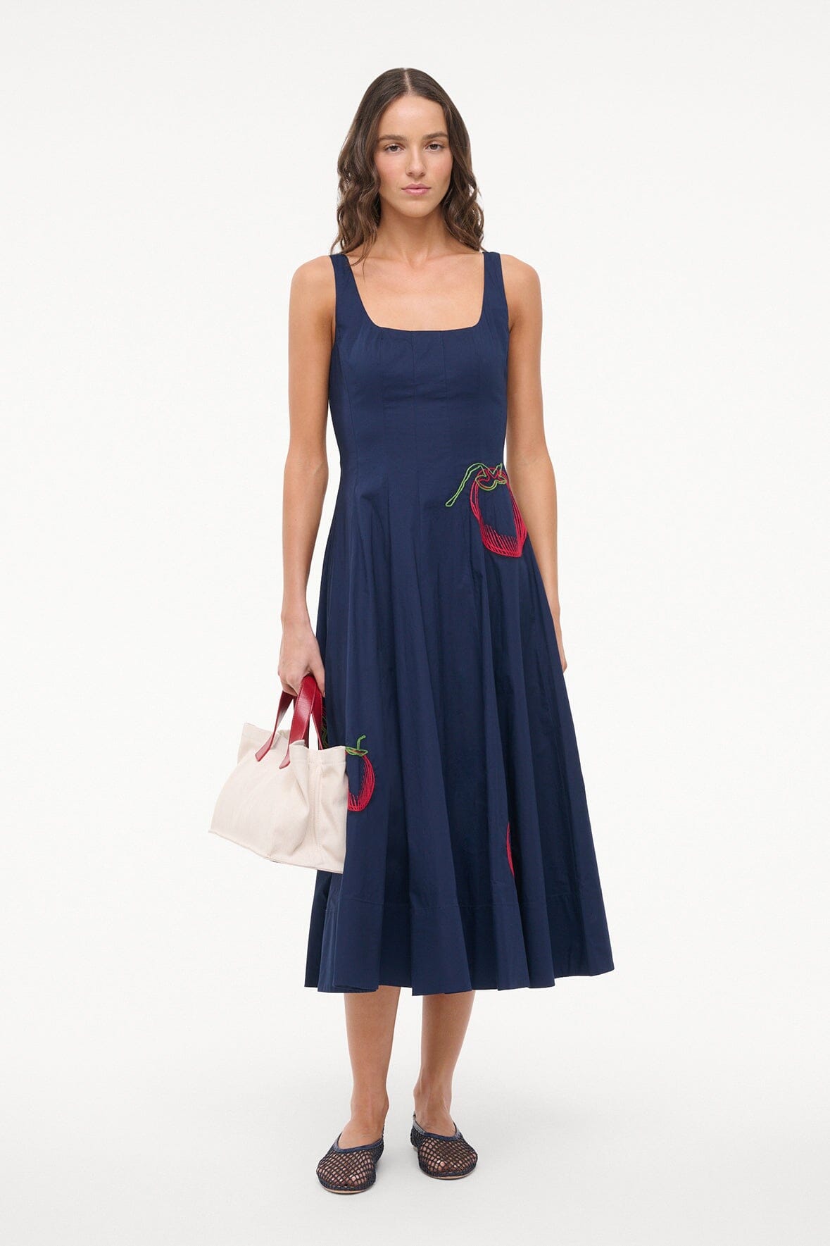 Navy Roma Cotton Poplin Dress with Corset Bodice & Embroidery | Wells