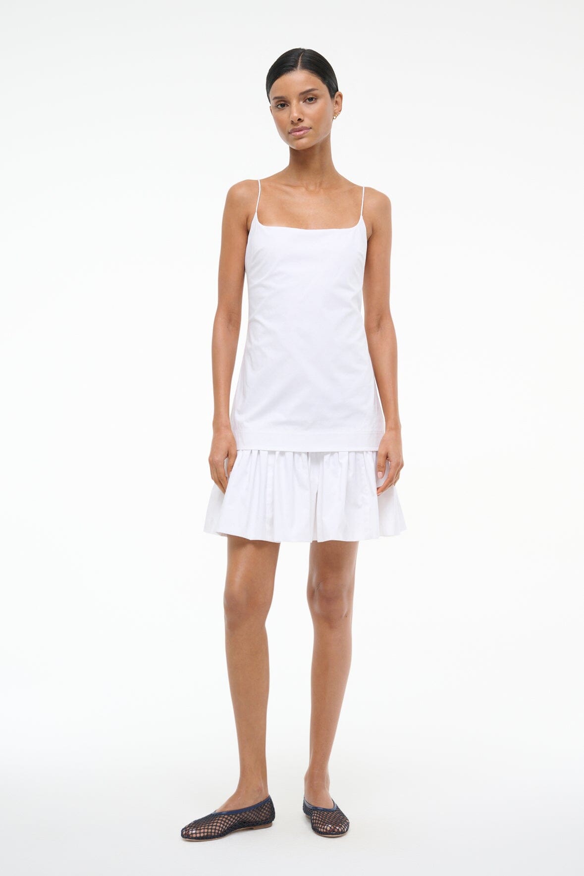 White Drop Waist Mini Dress with Spaghetti Straps | Ari