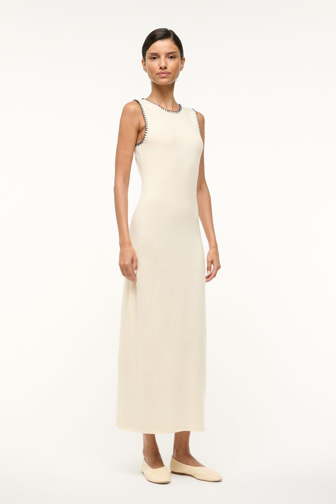 Wool Blend Knit Dress with Contrast Whipstitch | Wentworth Ivory Navy