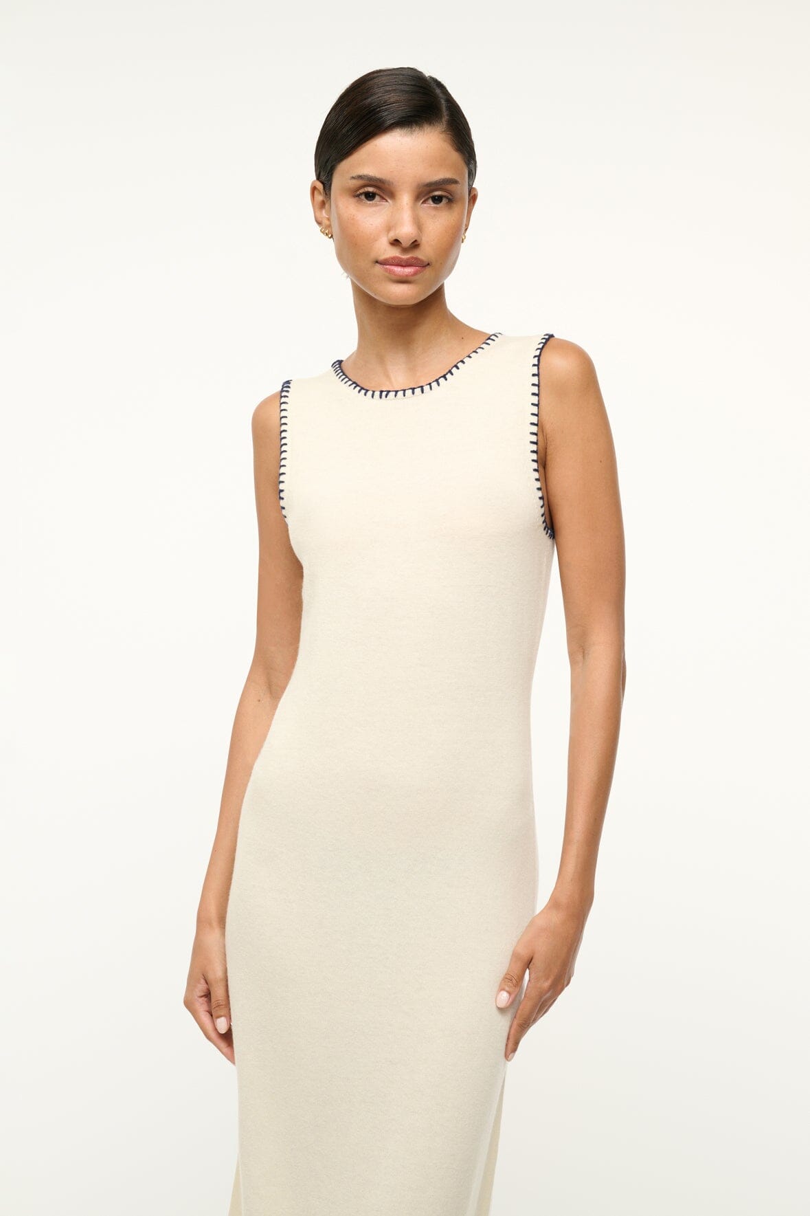 Wool Blend Knit Dress with Contrast Whipstitch | Wentworth Ivory Navy
