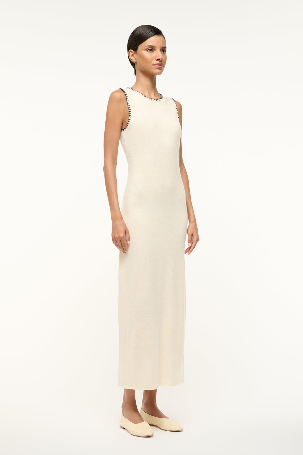 Wool Blend Knit Dress with Contrast Whipstitch | Wentworth Ivory Navy