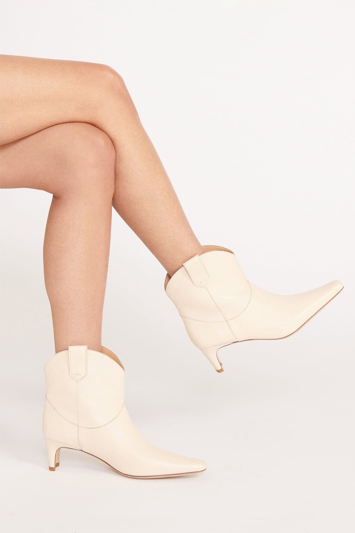 Cream Western Ankle Boot with Pointed Toe & Blade Heel | Wally