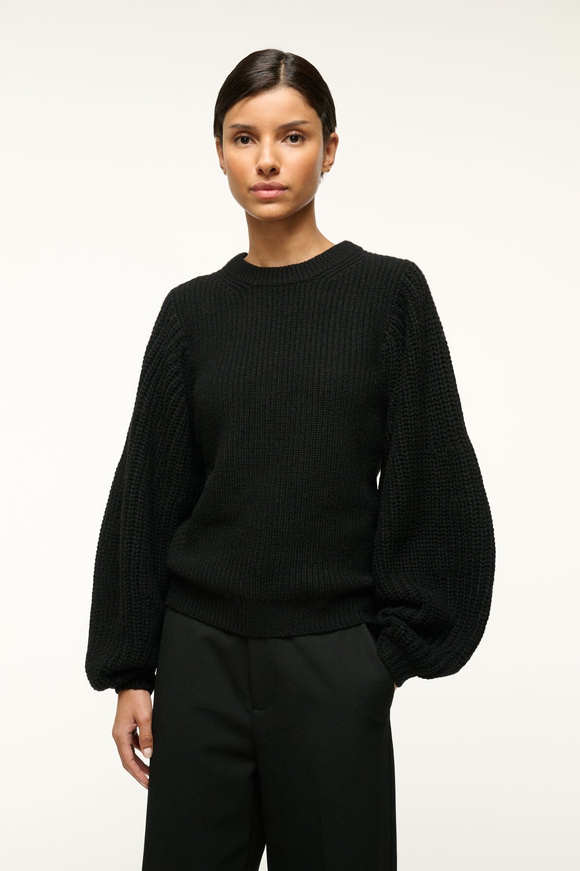 Chunky Merino Wool Sweater with Balloon Sleeves | Aura Black