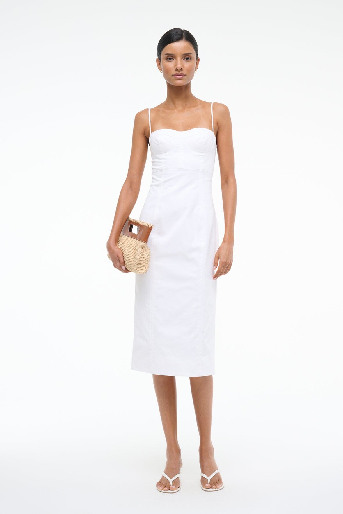 White Midi Dress with Adjustable Straps & Bustier Details | Whitney
