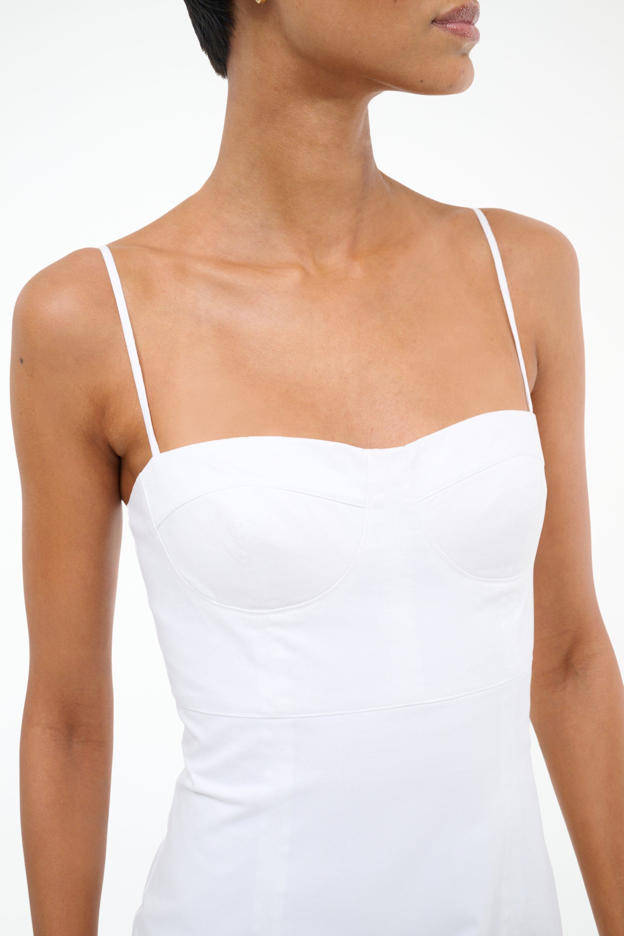 White Midi Dress with Adjustable Straps & Bustier Details | Whitney