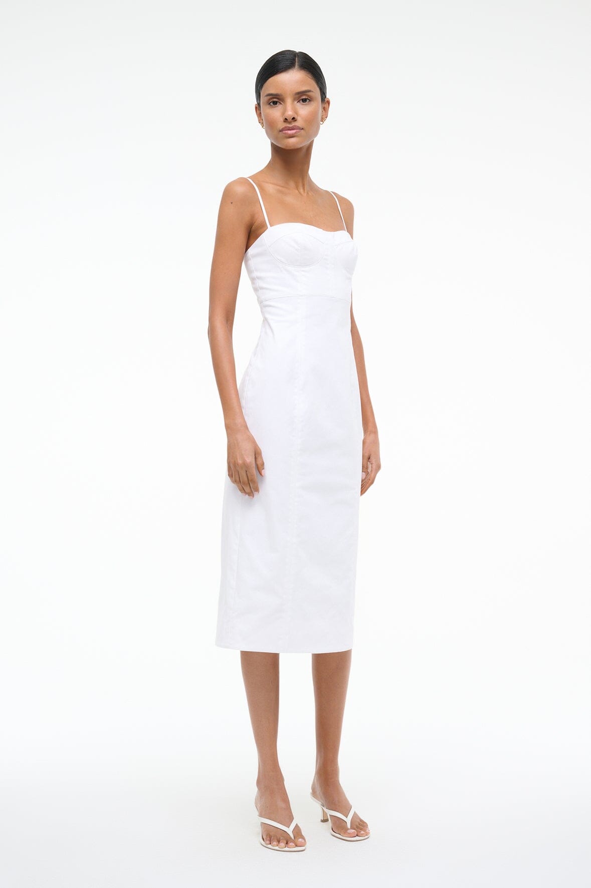 White Midi Dress with Adjustable Straps & Bustier Details | Whitney