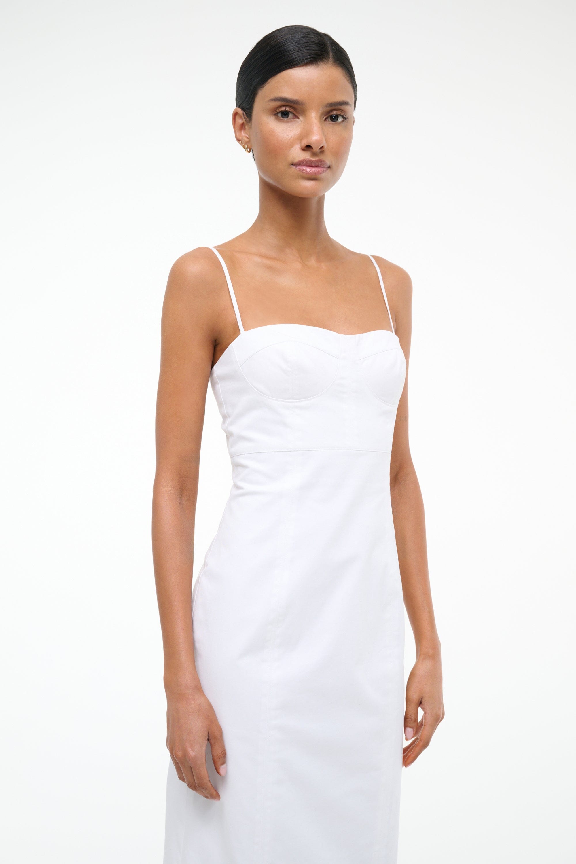 White Midi Dress with Adjustable Straps & Bustier Details | Whitney