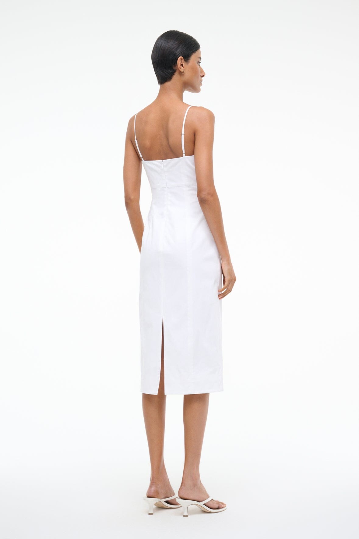 White Midi Dress with Adjustable Straps & Bustier Details | Whitney