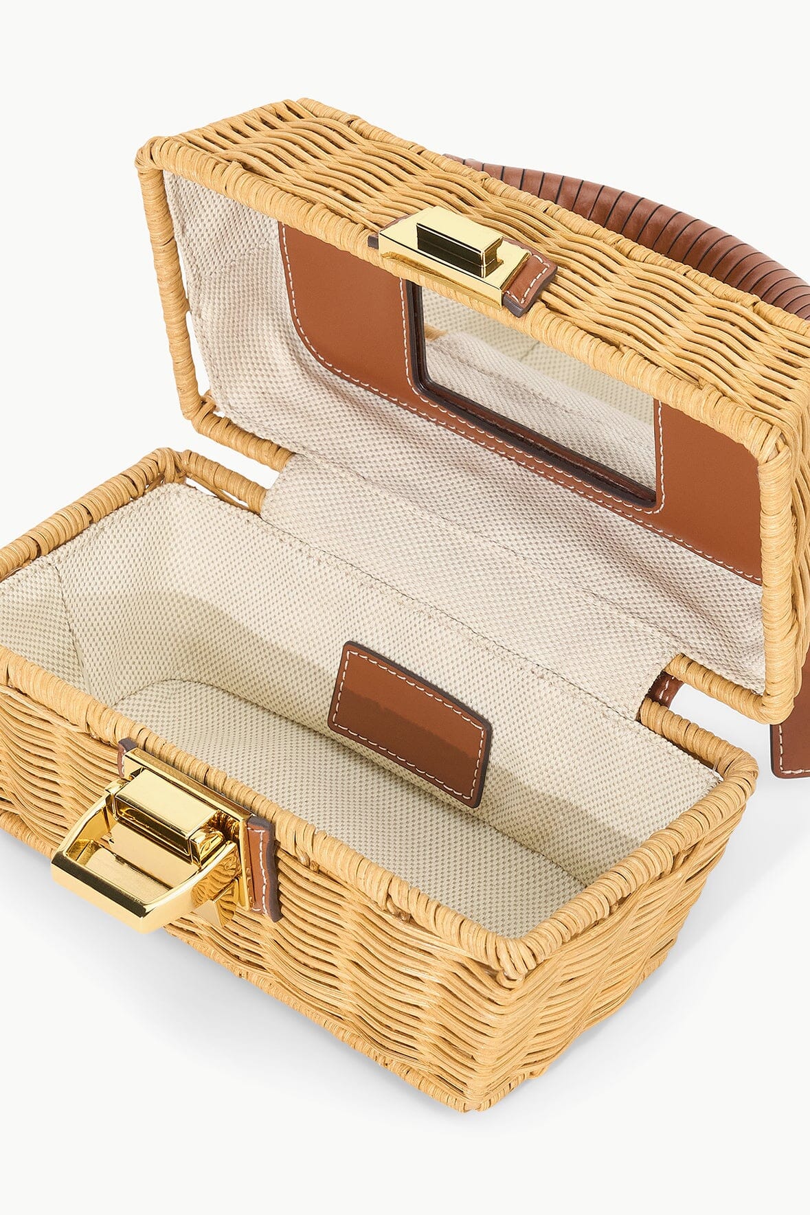 Hand-Woven Wicker Tackle Box Bag with Leather Handle & Mirror | Natural