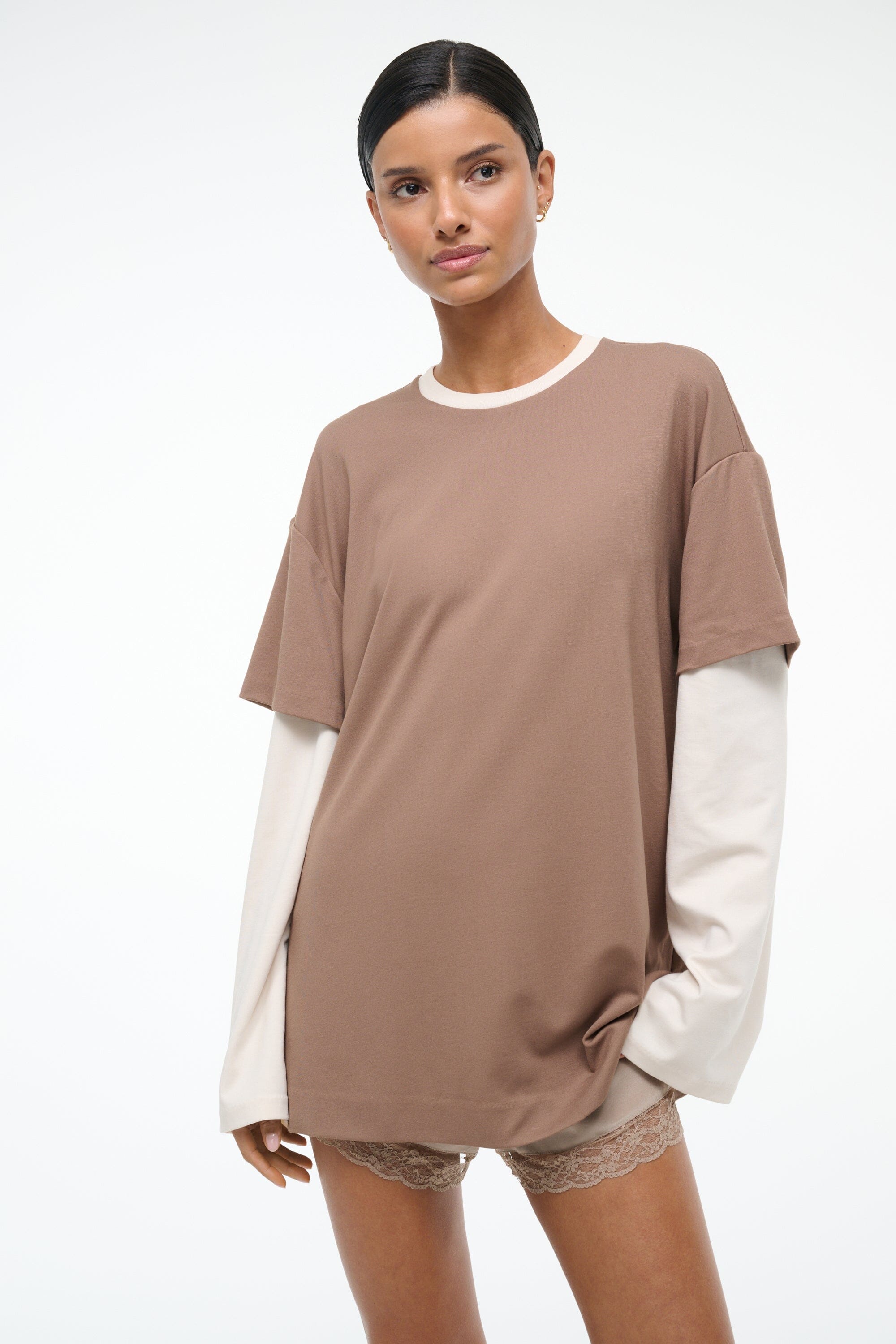 Oversized Long Sleeve Tee with Contrast Rib | William Taupe Ecru