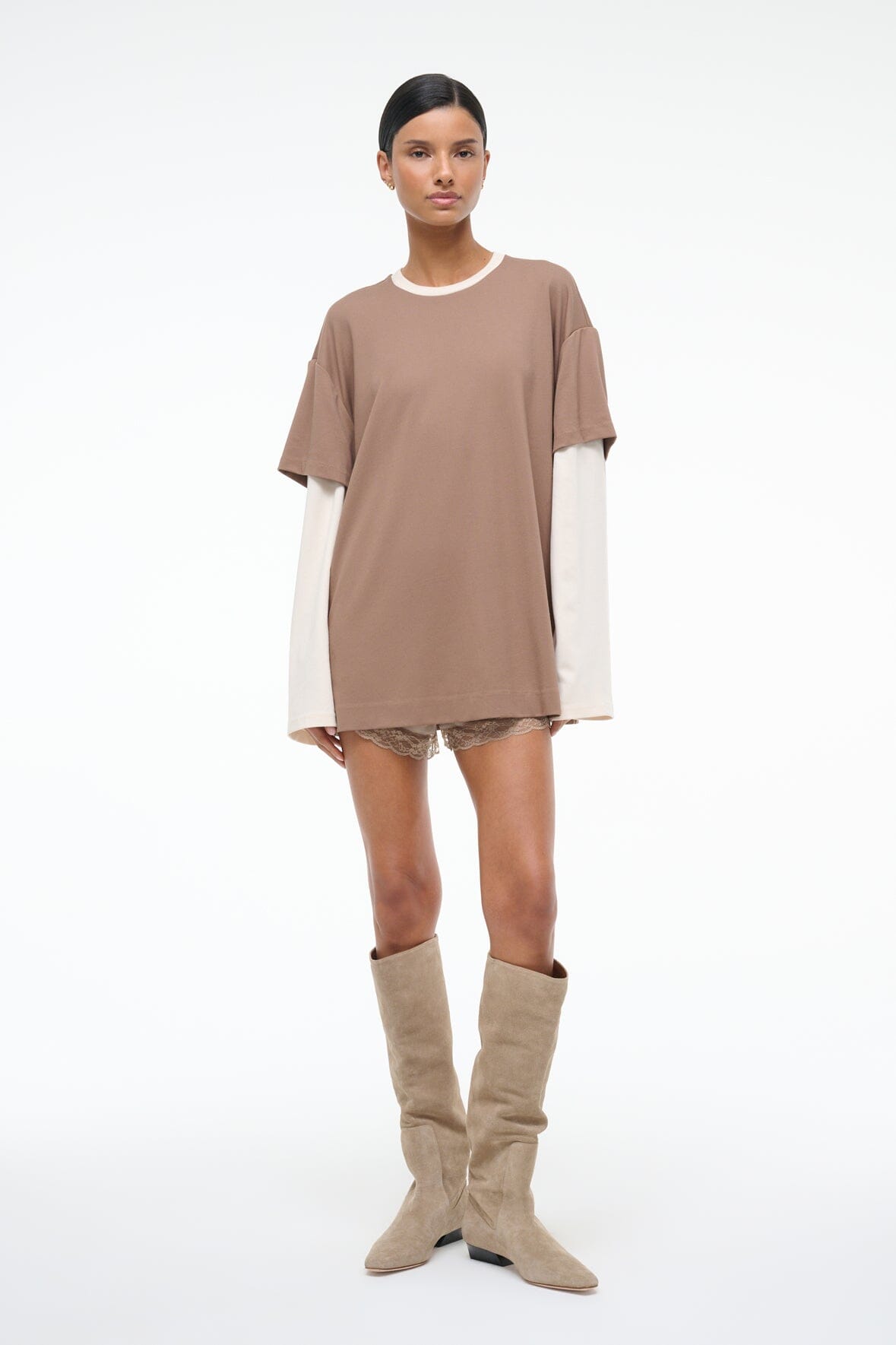 Oversized Long Sleeve Tee with Contrast Rib | William Taupe Ecru